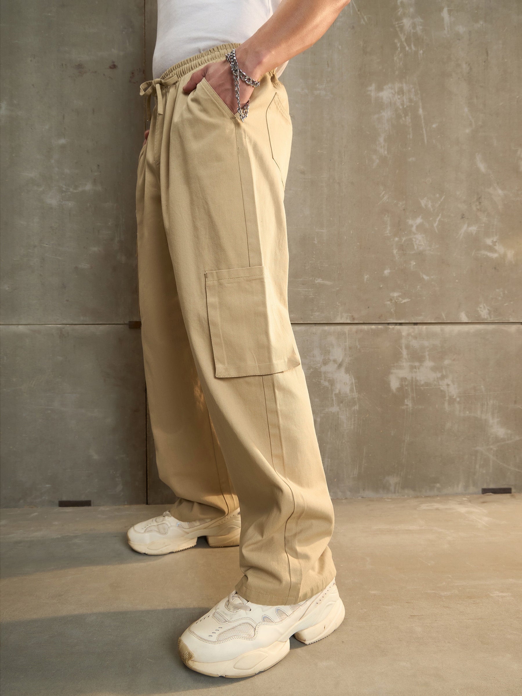 Beige Twill Elasticated Waist Wide Leg Pants-MASCLN SASSAFRAS