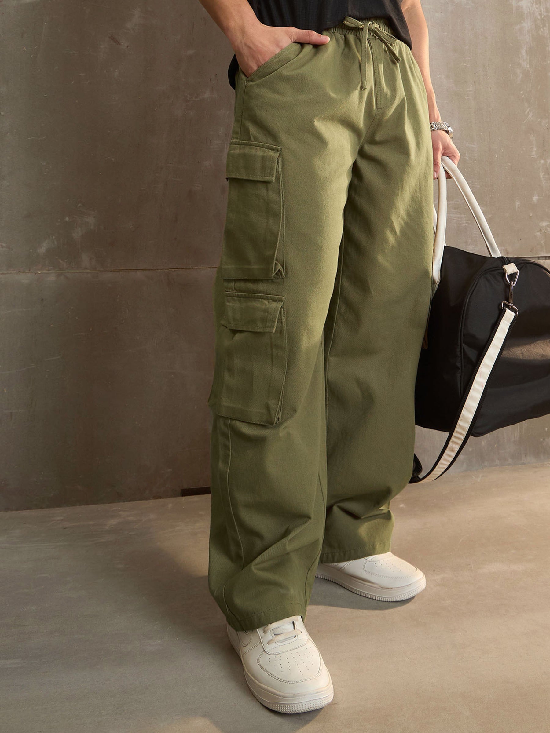 Olive Twill Elasticated Waist Wide Leg Pants-MASCLN SASSAFRAS