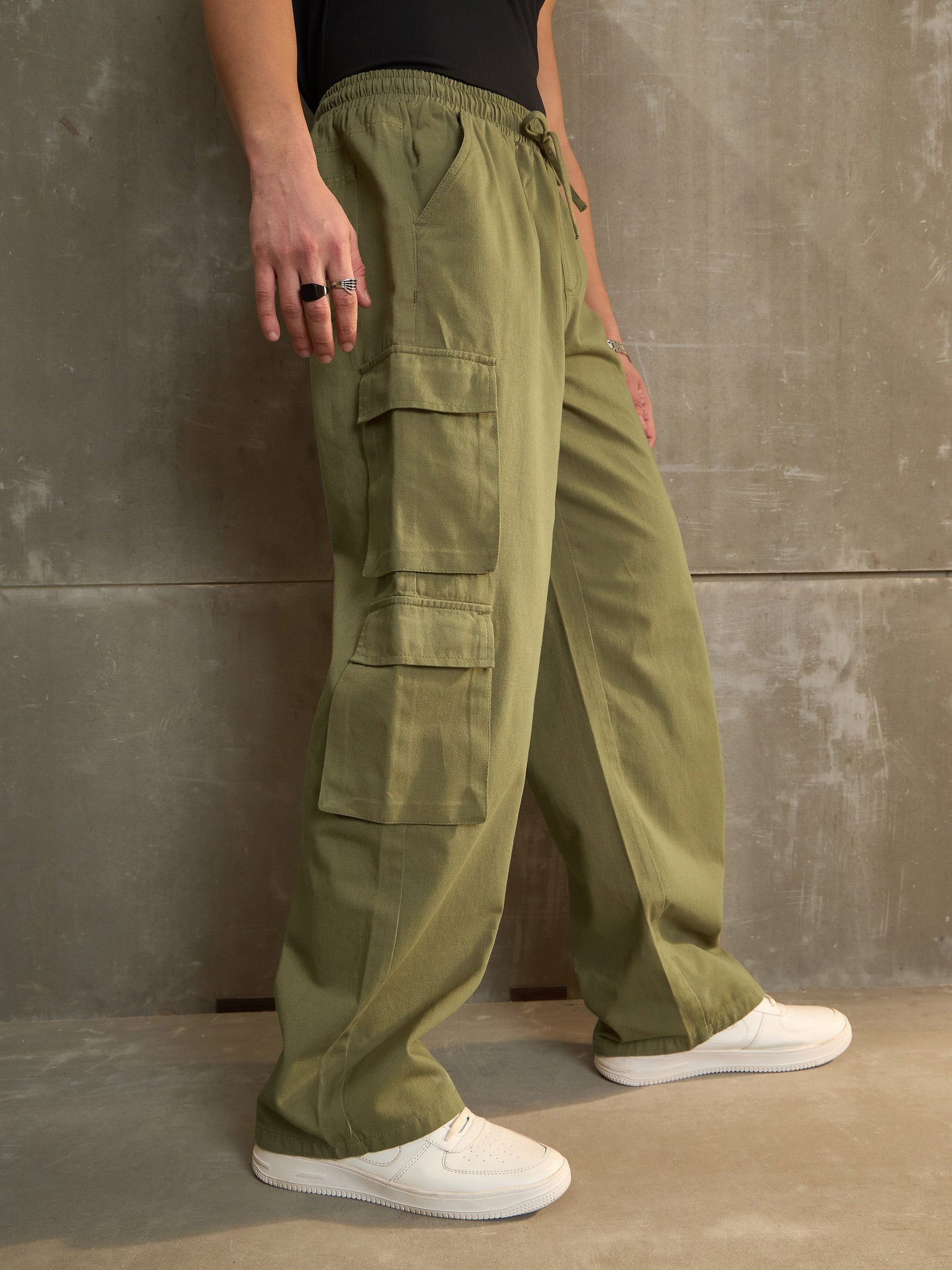 Olive Twill Elasticated Waist Wide Leg Pants-MASCLN SASSAFRAS