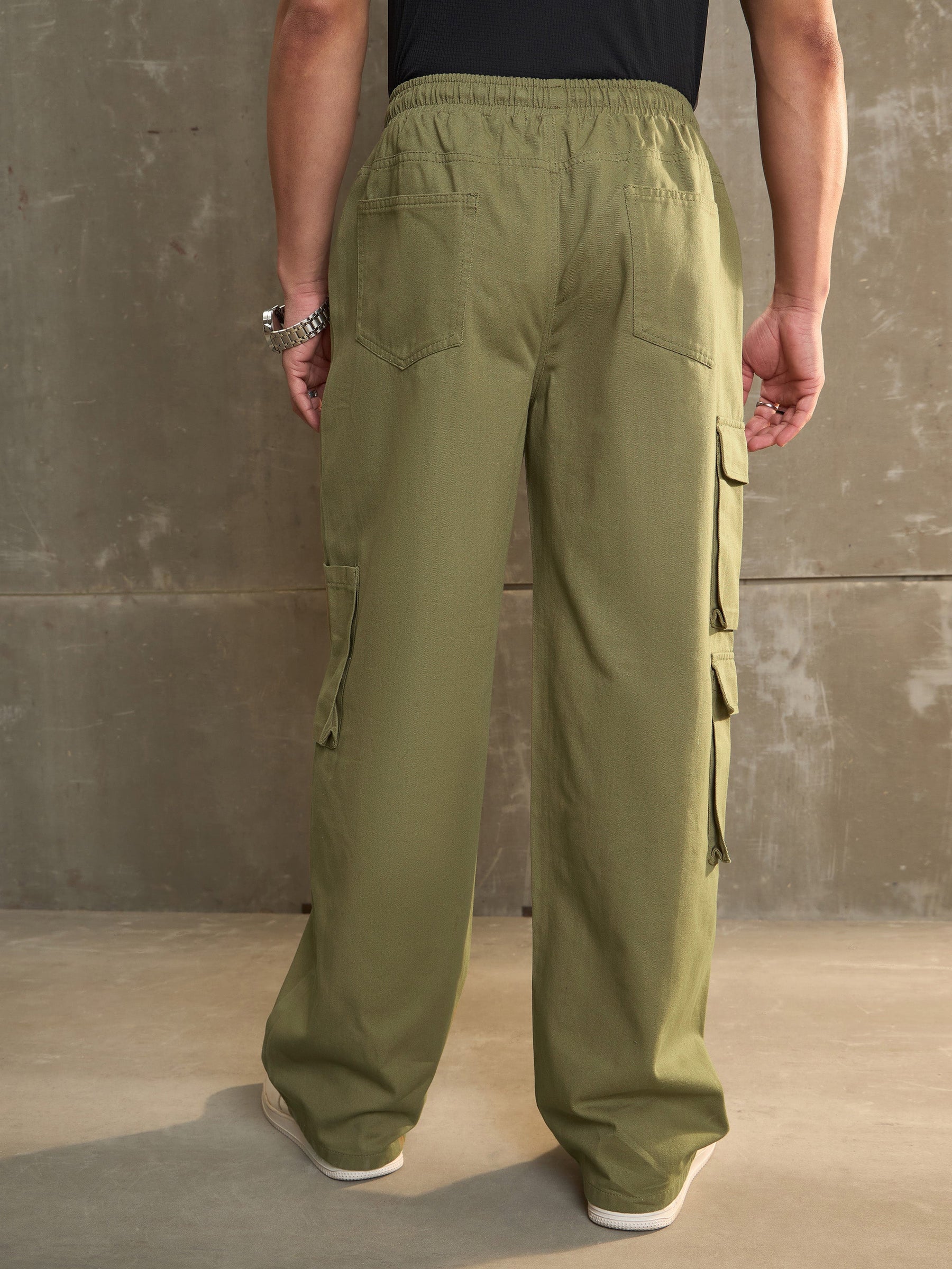 Olive Twill Elasticated Waist Wide Leg Pants-MASCLN SASSAFRAS
