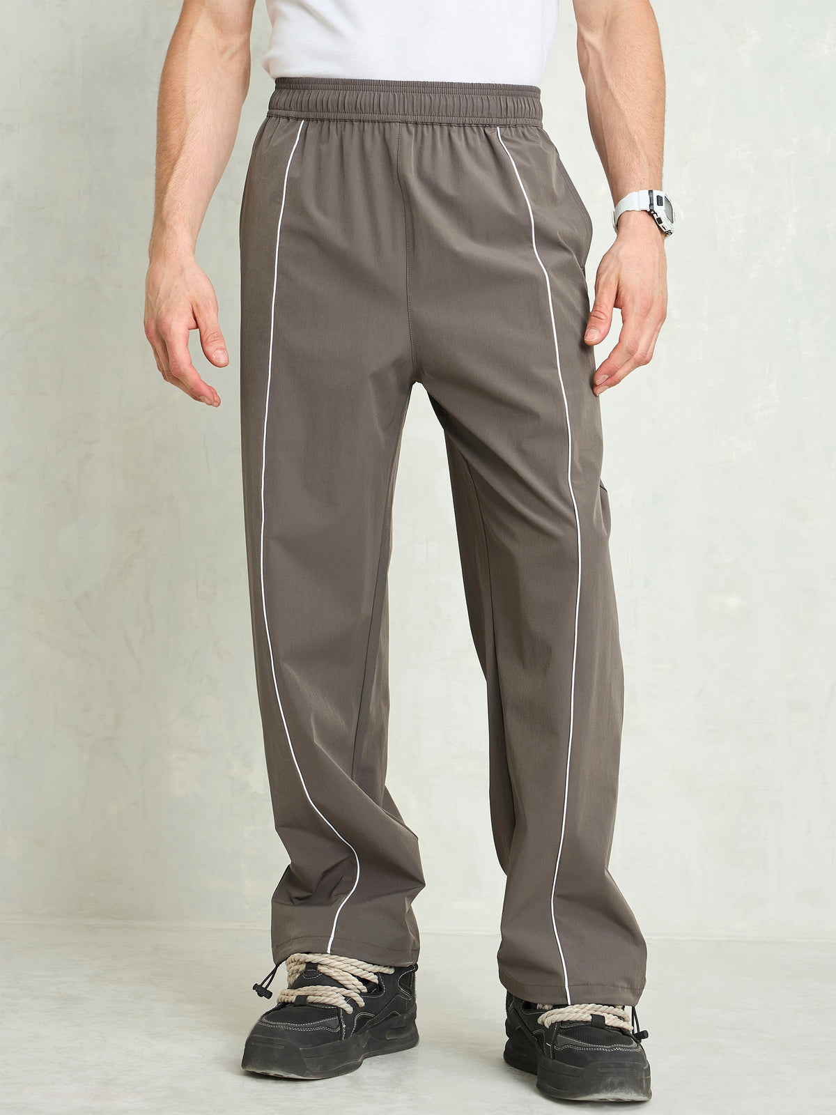 Unisex Dark Grey Piping Detail Baggy Parachute Pants-MASCLN SASSAFRAS