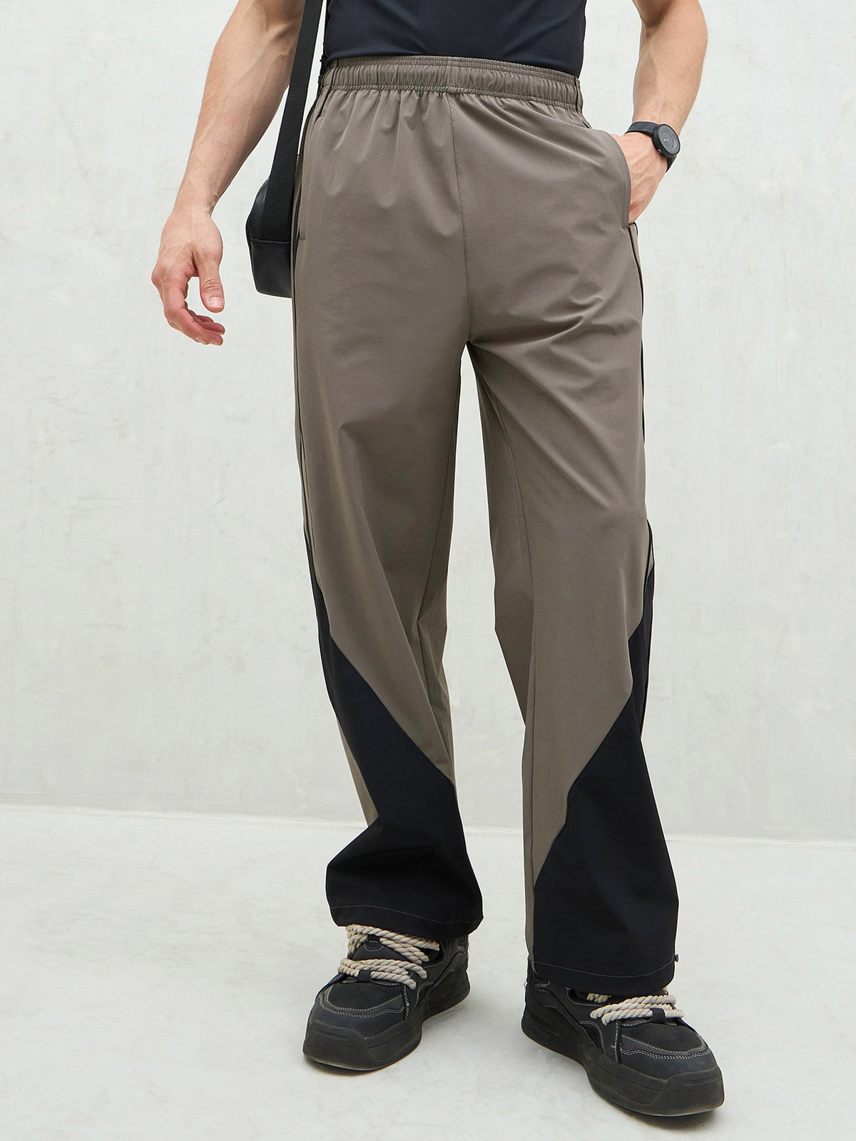 Unisex Dark Grey Bottom Color Block Baggy Parachute Pants-MASCLN SASSAFRAS