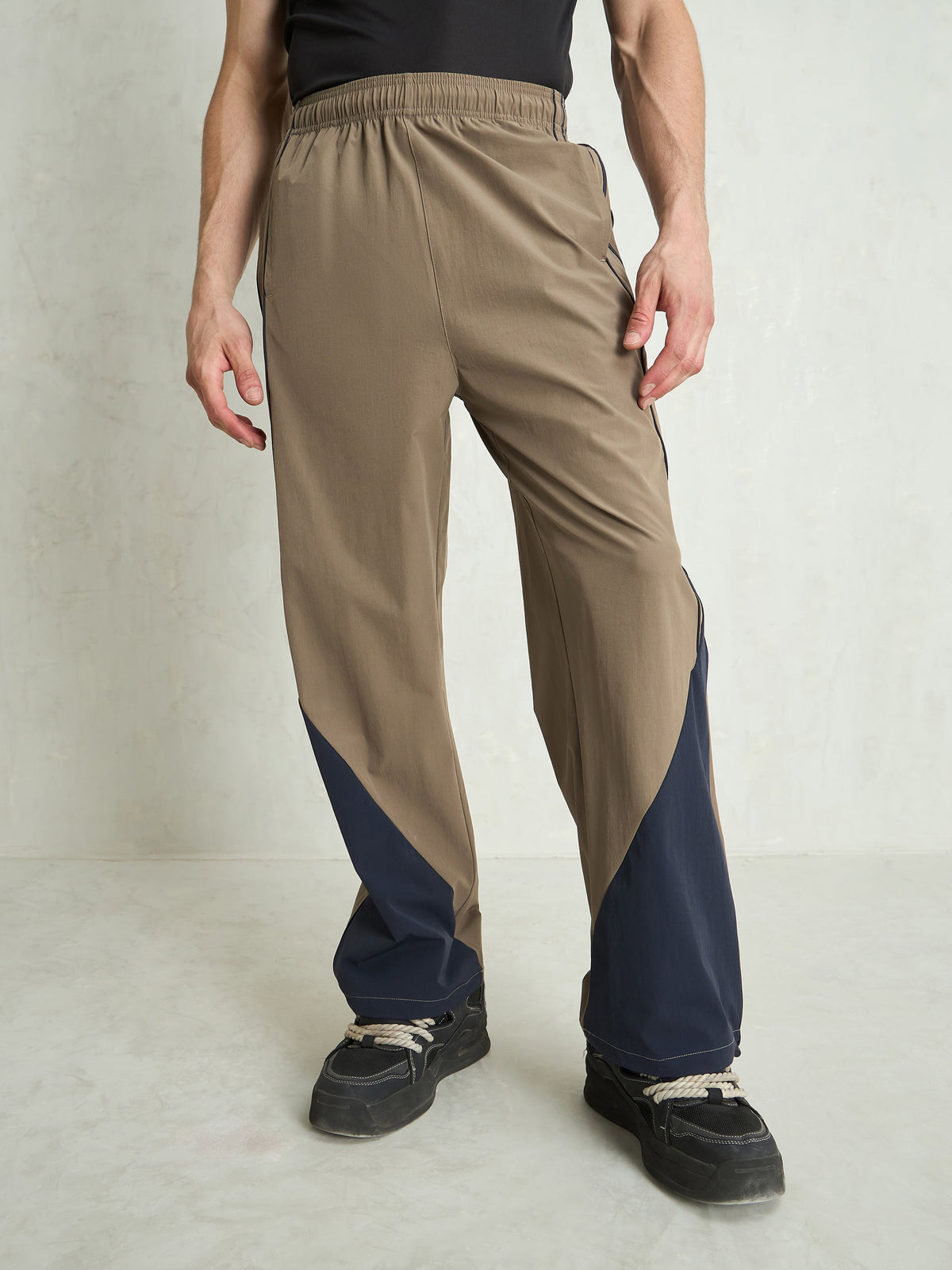 Unisex Taupe Bottom Color Block Baggy Parachute Pants-MASCLN SASSAFRAS