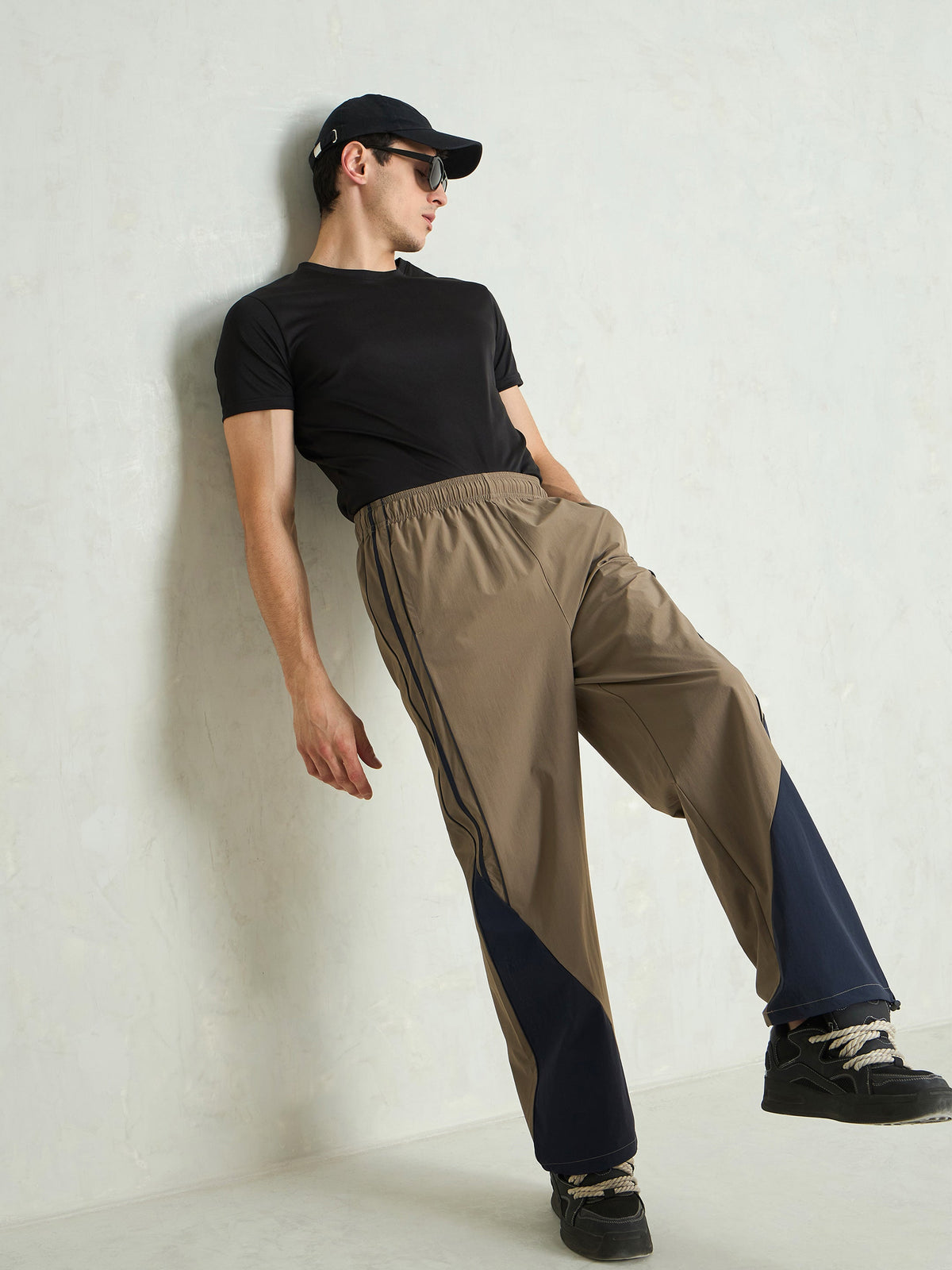 Unisex Taupe Bottom Color Block Baggy Parachute Pants-MASCLN SASSAFRAS