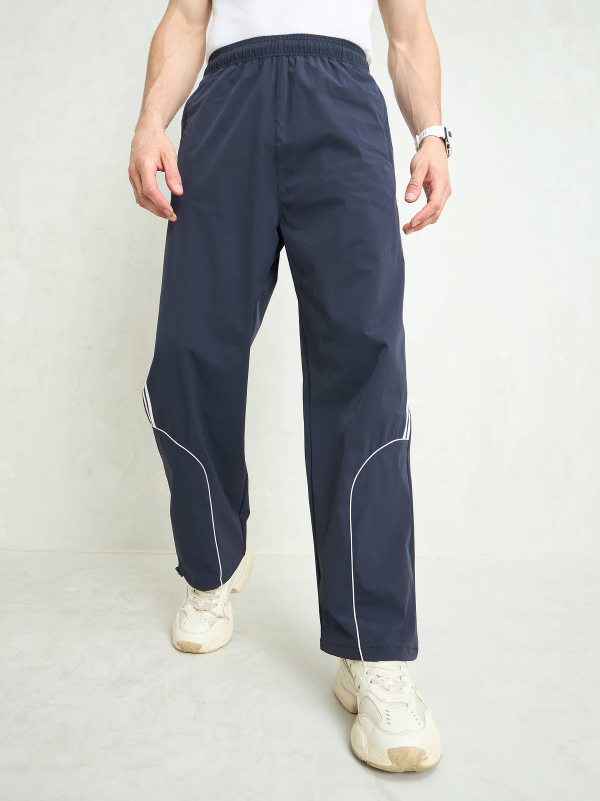 Unisex Navy Blue Piping Detail Baggy Parachute Pants-MASCLN SASSAFRAS