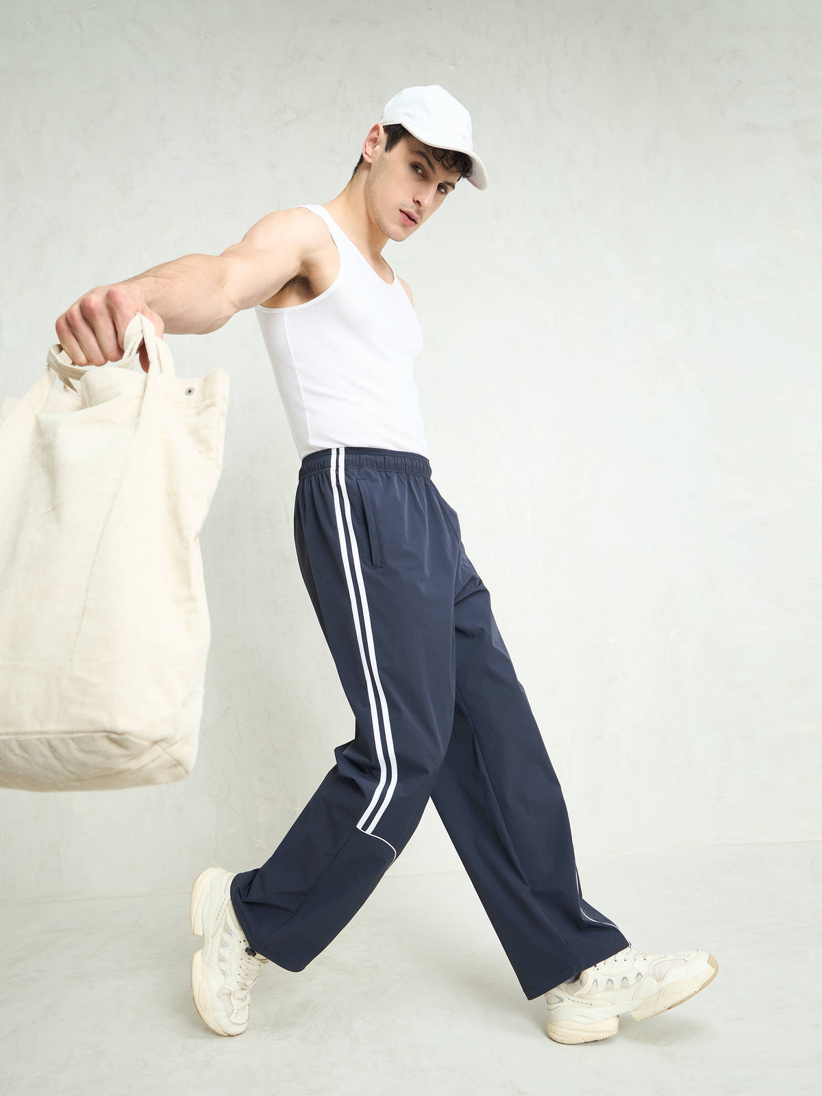 Unisex Navy Blue Piping Detail Baggy Parachute Pants-MASCLN SASSAFRAS