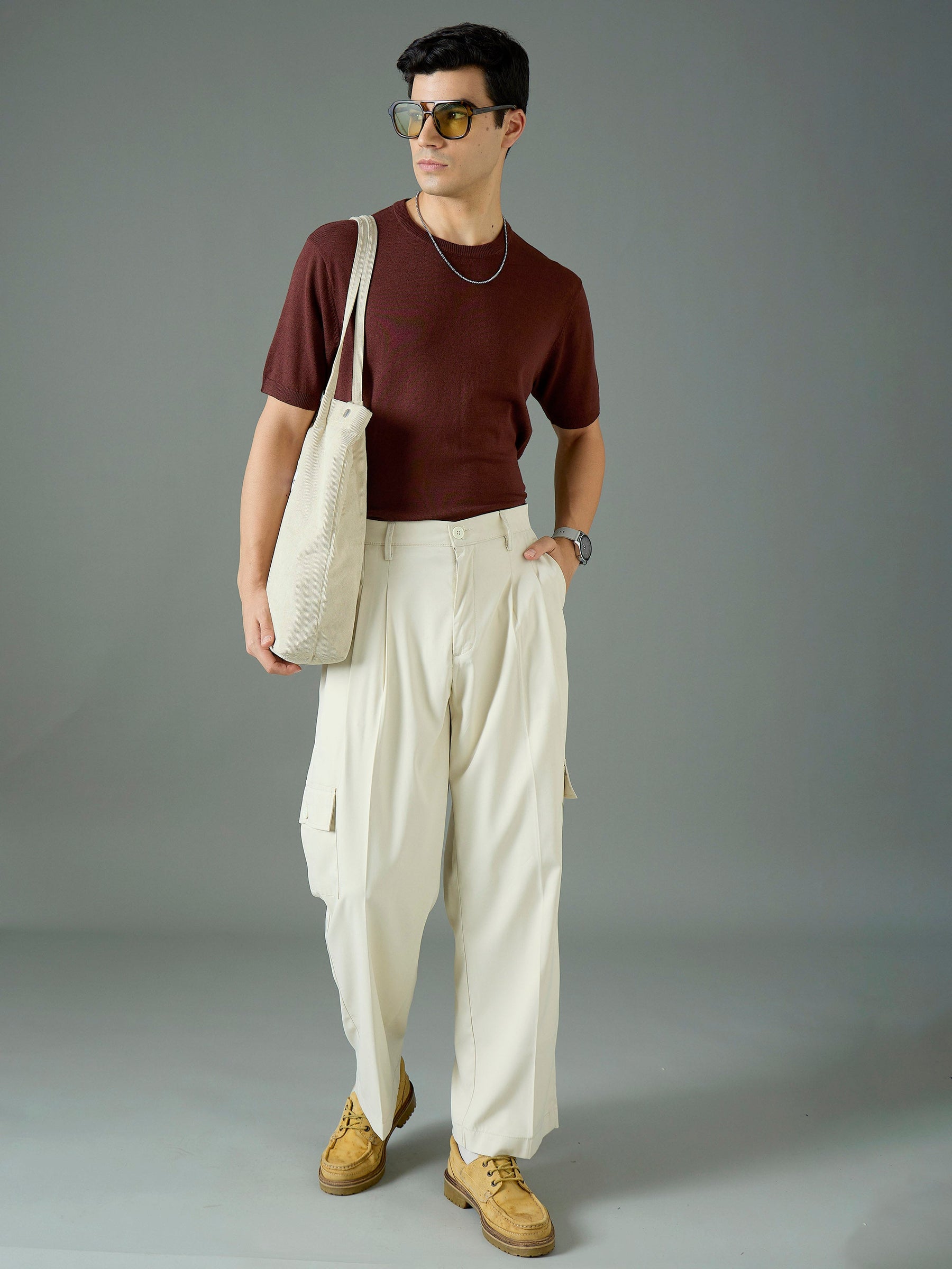 Off White Side Flap Pocket Relax Fit Korean Trouser-MASCLN SASSAFRAS