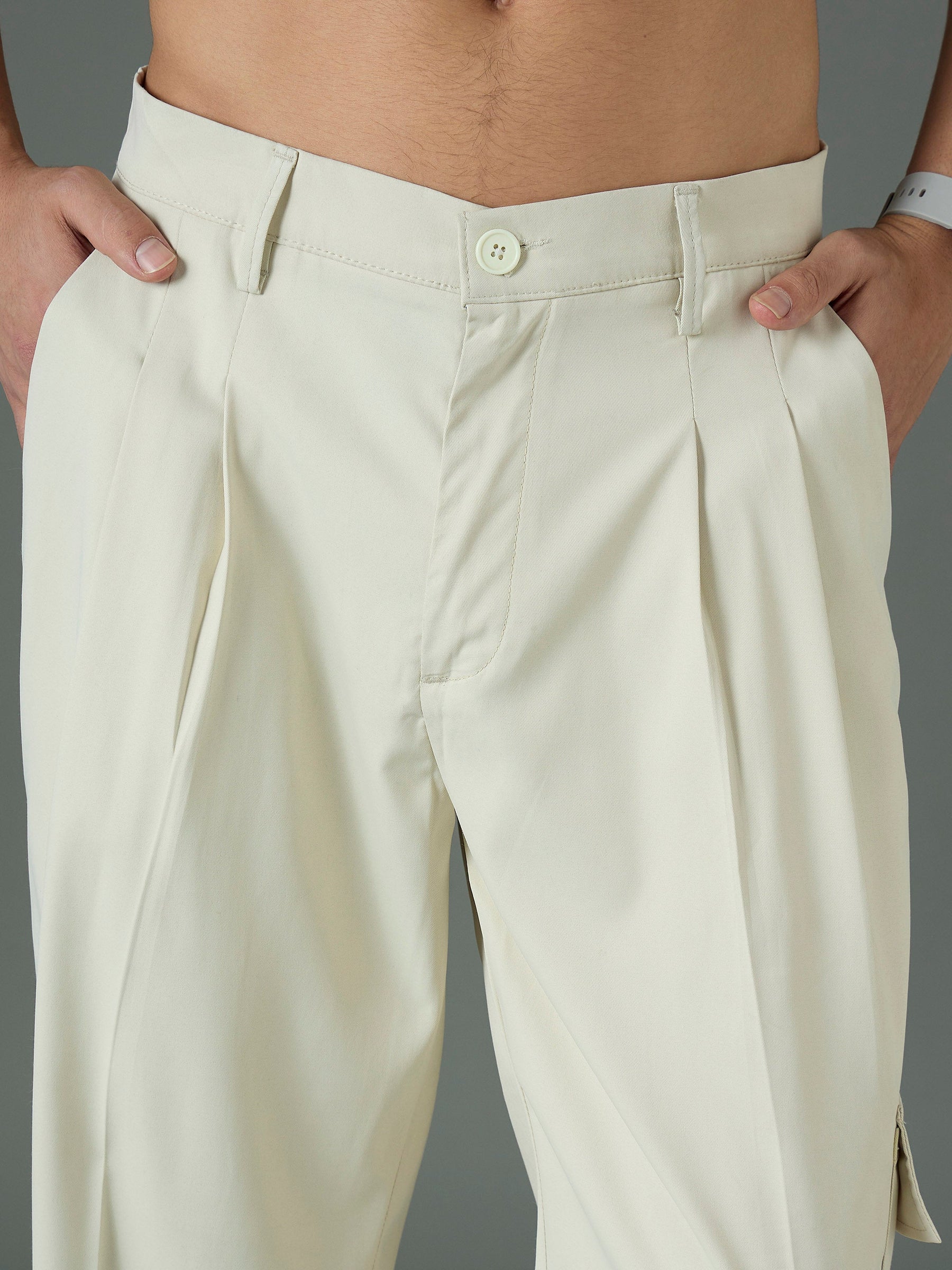 Off White Side Flap Pocket Relax Fit Korean Trouser-MASCLN SASSAFRAS