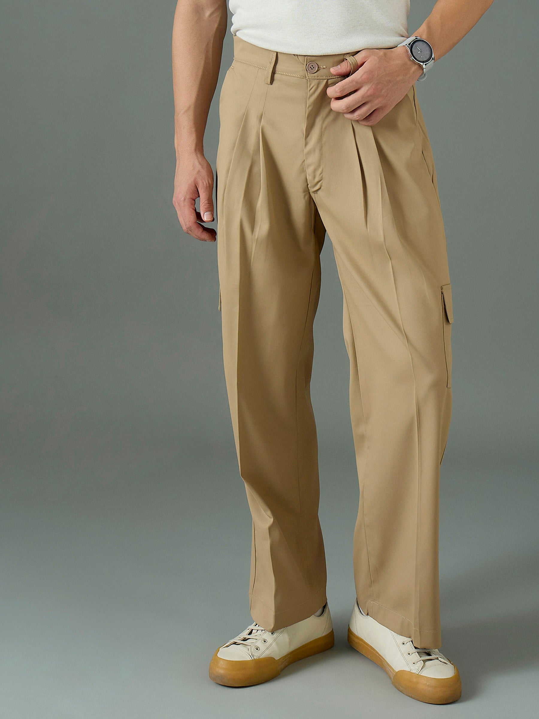 Khaki Side Flap Pocket Relax Fit Korean Trouser-MASCLN SASSAFRAS
