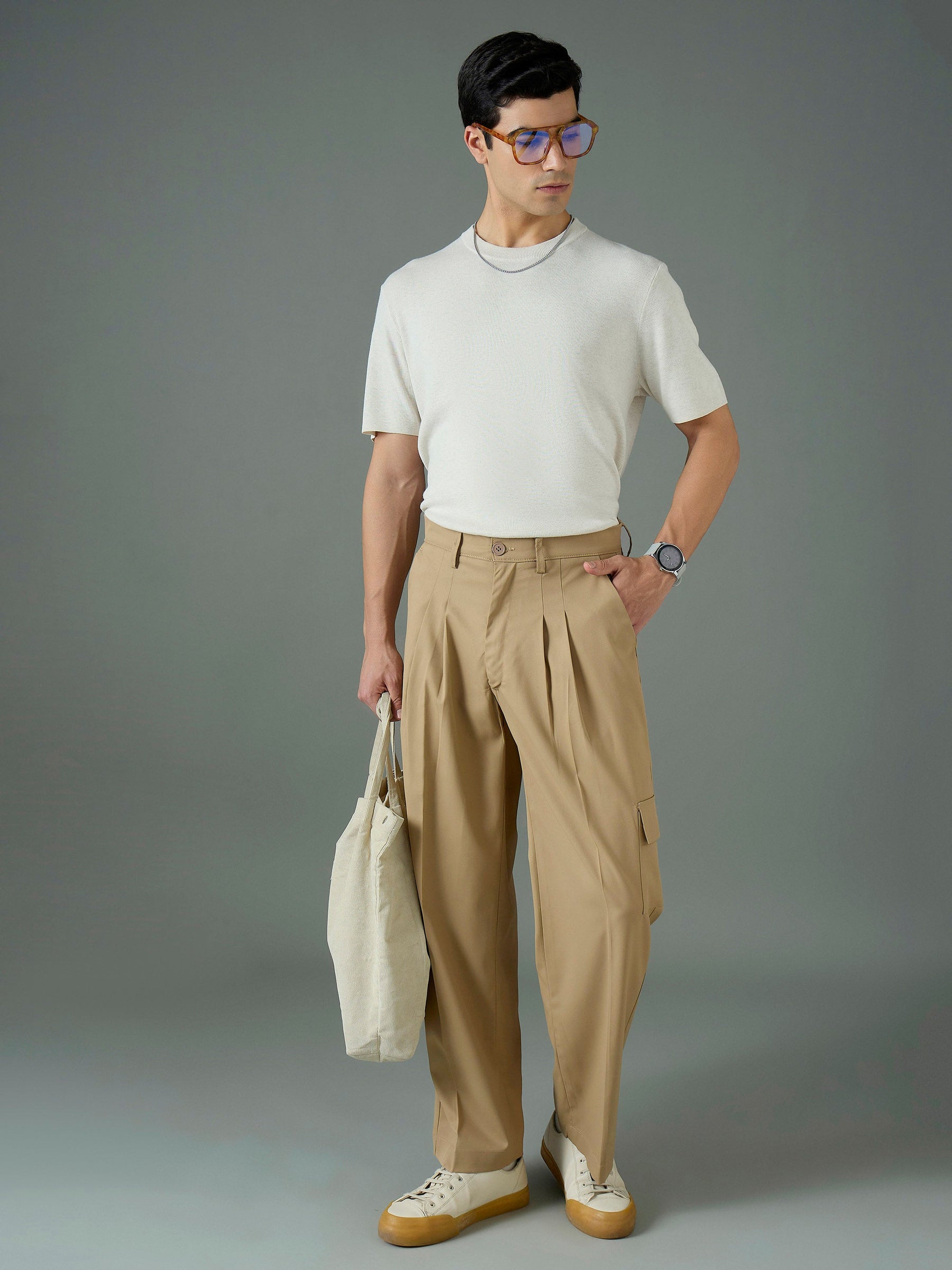 Khaki Side Flap Pocket Relax Fit Korean Trouser-MASCLN SASSAFRAS