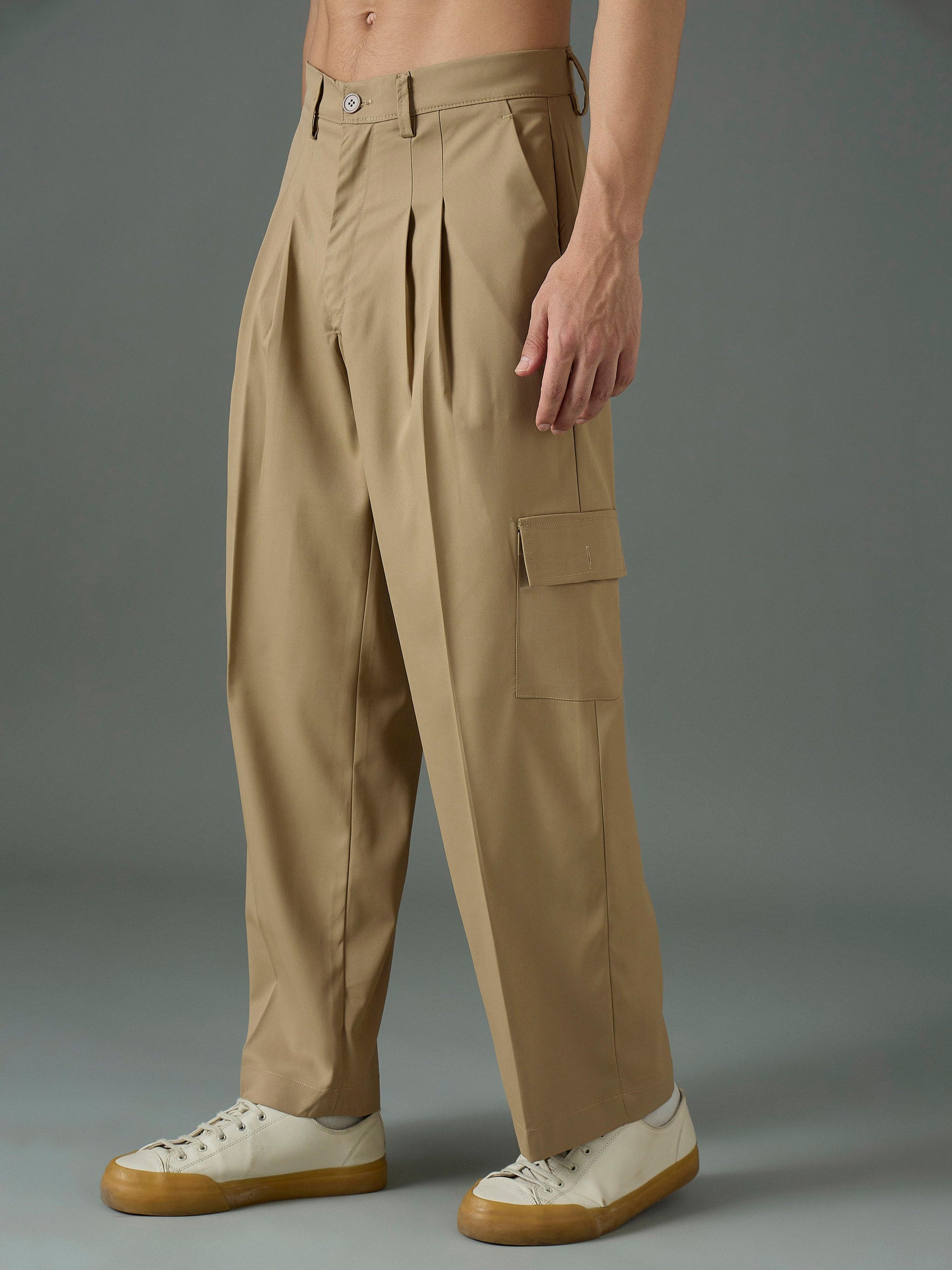 Khaki Side Flap Pocket Relax Fit Korean Trouser-MASCLN SASSAFRAS