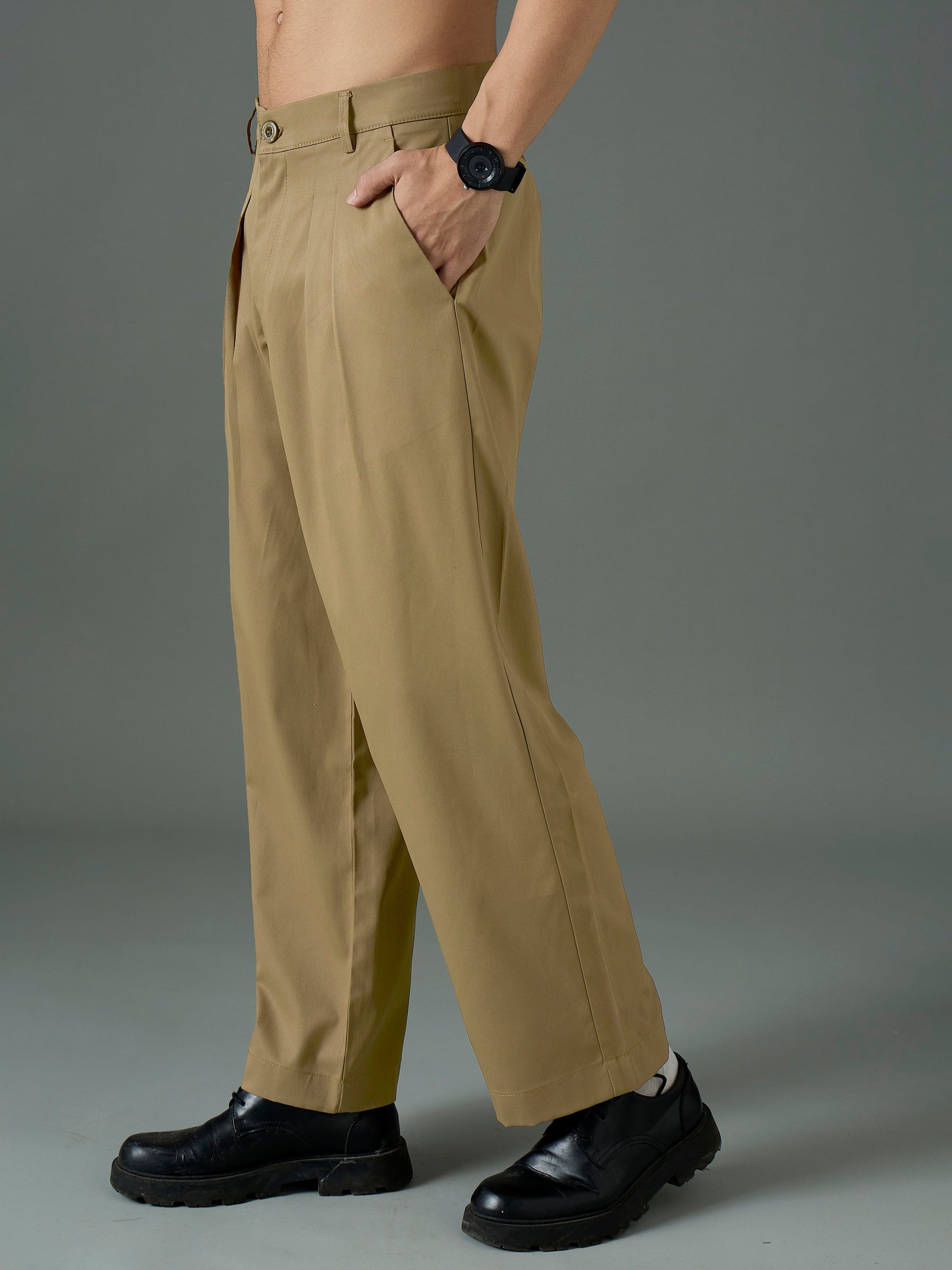 Khaki Front Pleat Relax Fit Korean Trouser-MASCLN SASSAFRAS