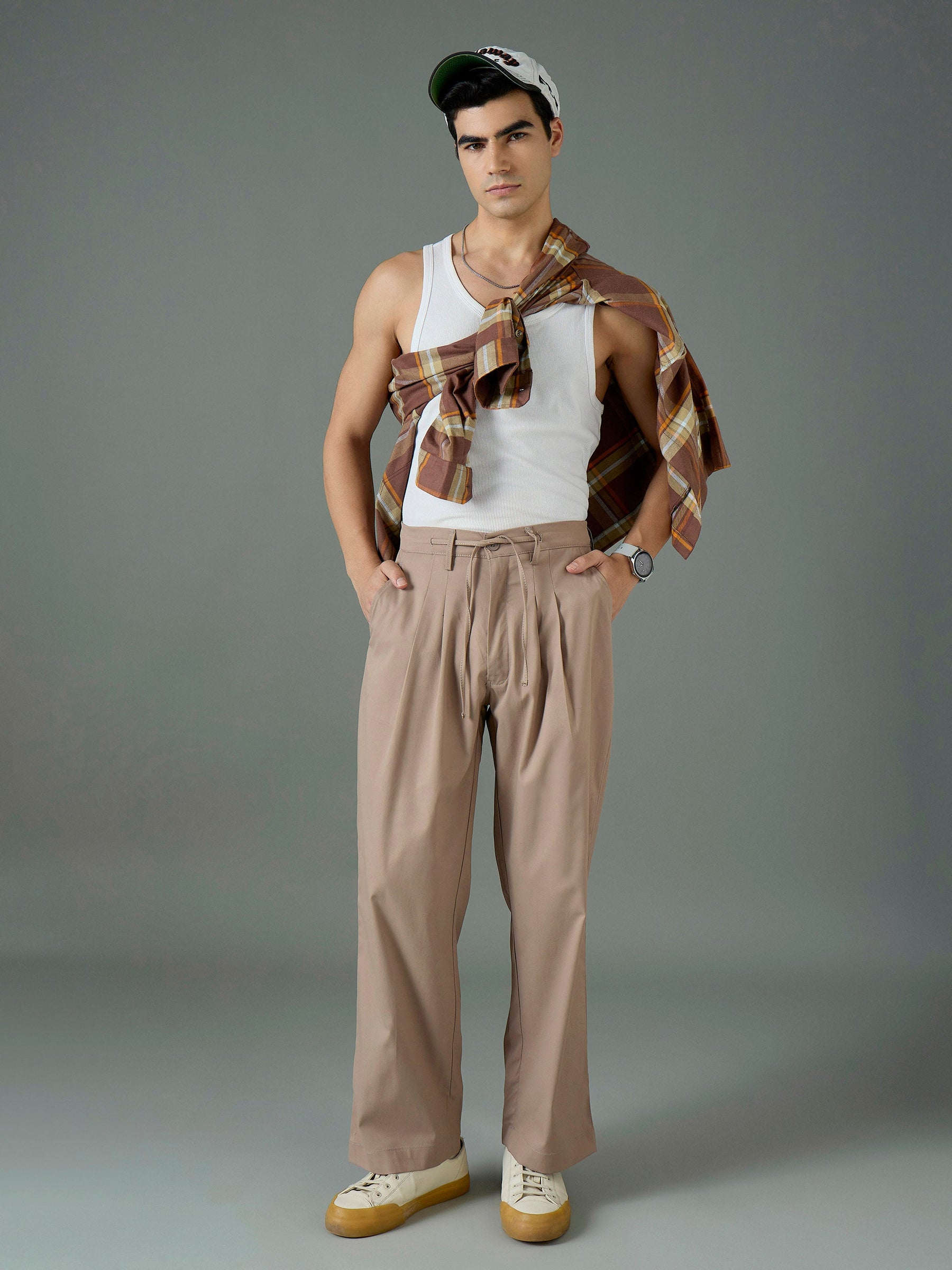 Taupe Front Dori Relax Fit Korean Trouser-MASCLN SASSAFRAS