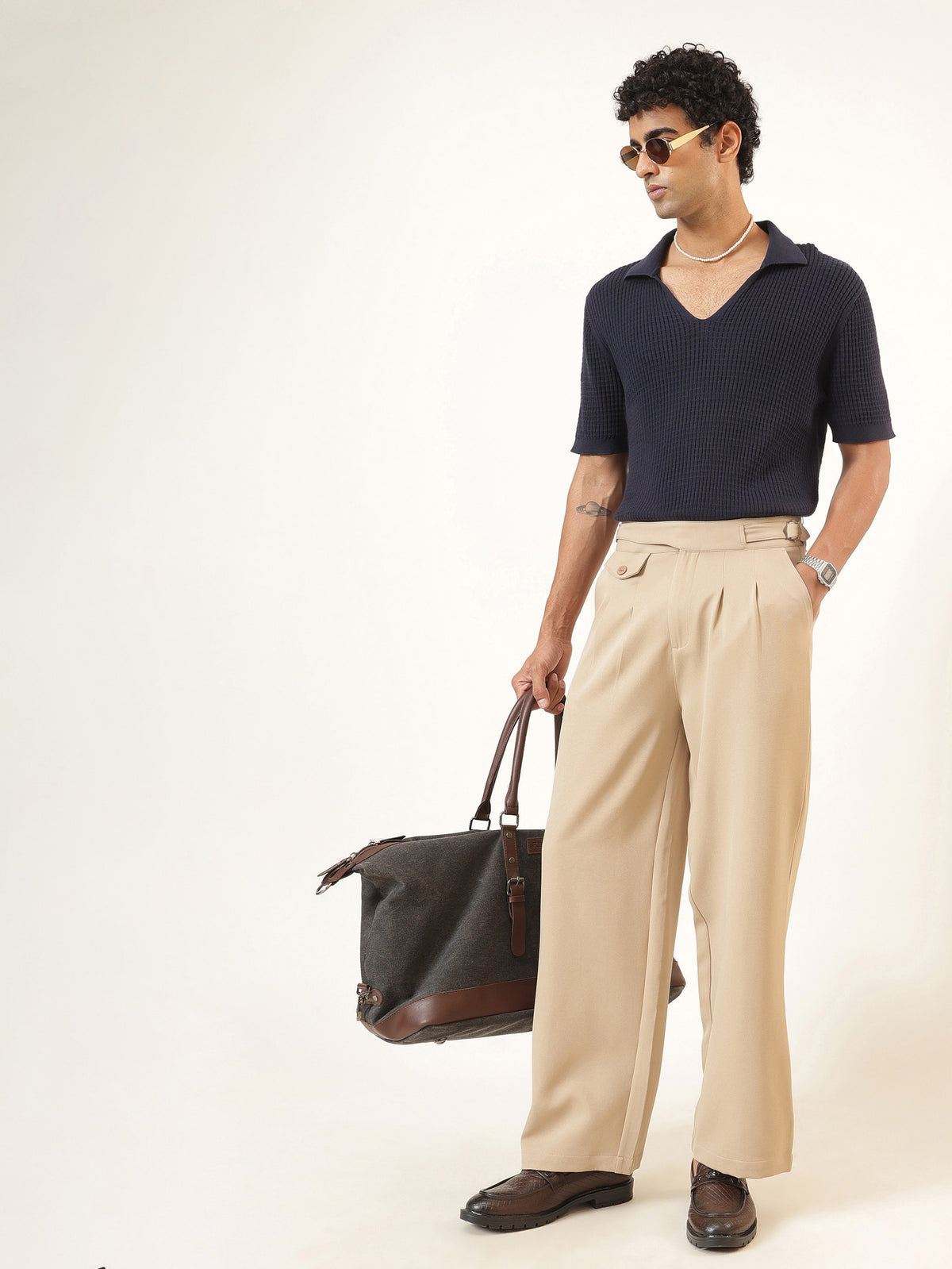 Beige Dual-Dart Waist Adjuster Korean Pants-MASCLN SASSAFRAS