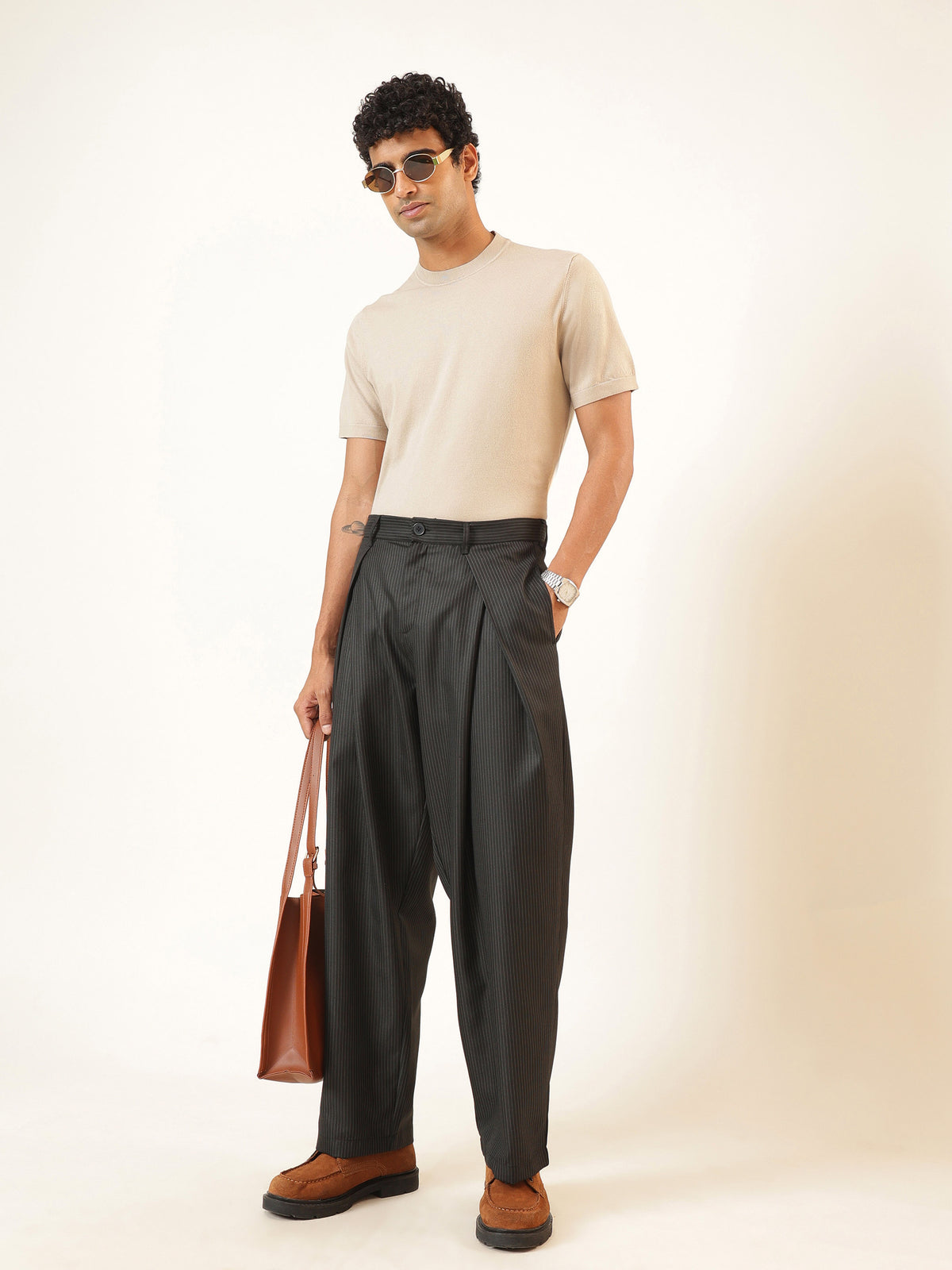 Black & White Stripe Invert Pleat High waist Korean Pants-MASCLN SASSAFRAS