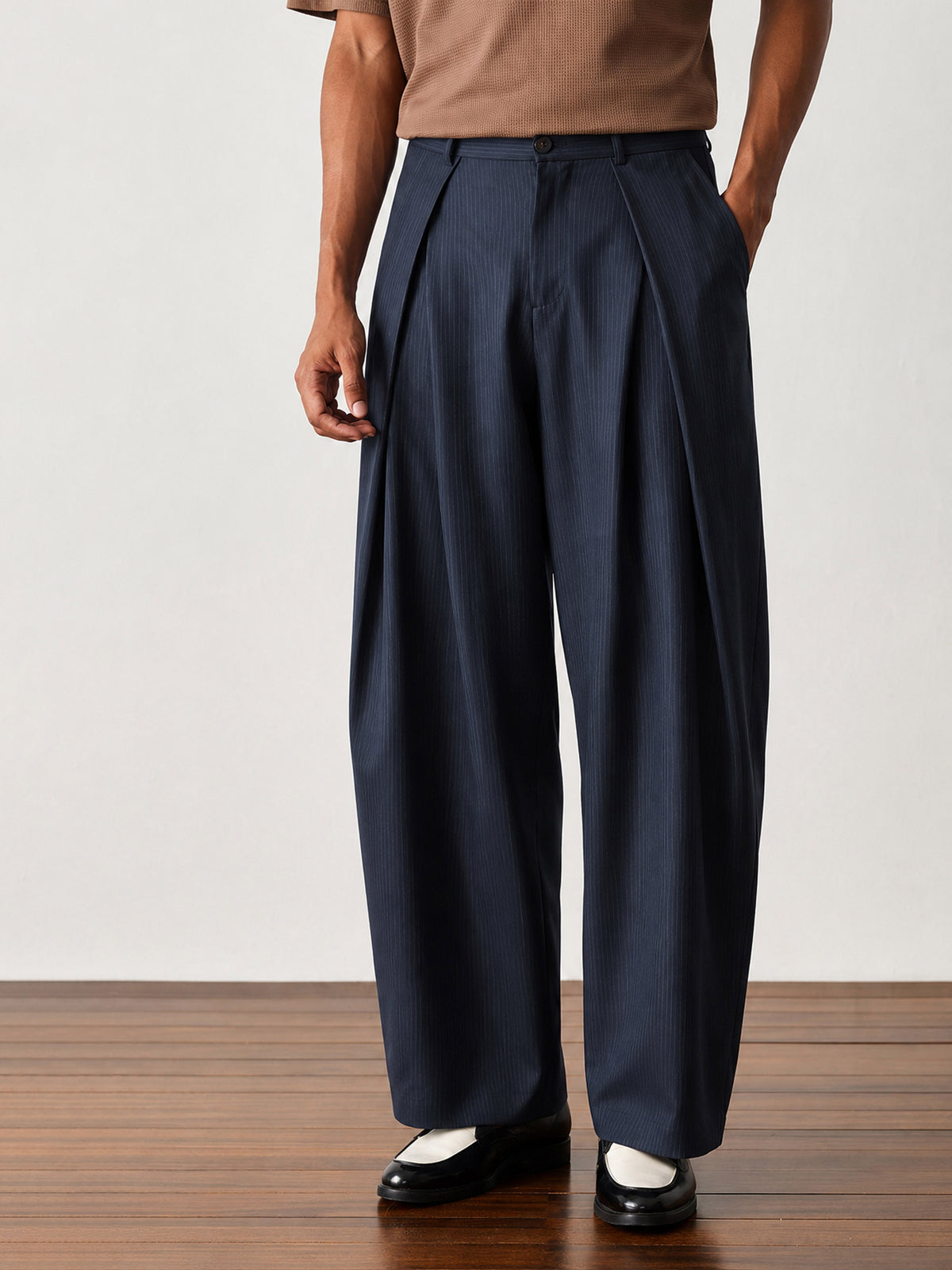 Blue & White Stripe Invert Pleat High Pleat korean Pants-MASCLN SASSAFRAS