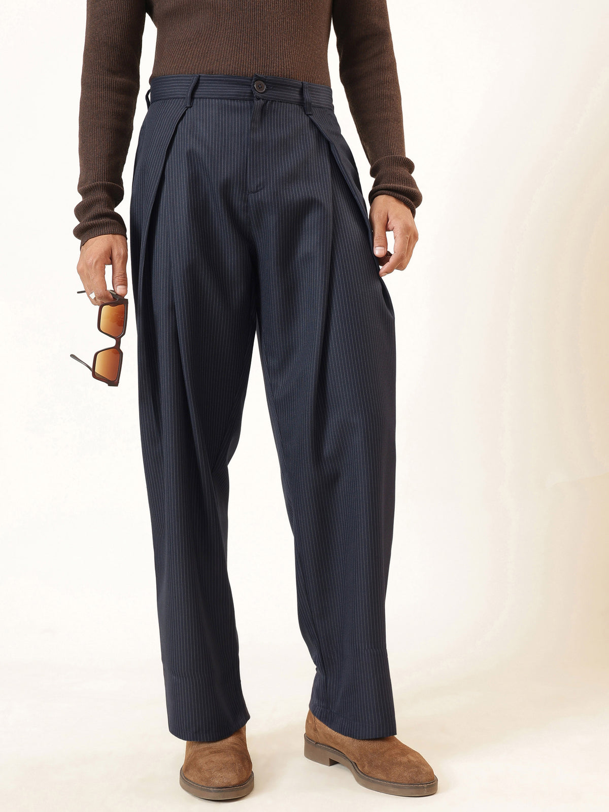 Blue & White Stripe Invert Pleat High Pleat korean Pants-MASCLN SASSAFRAS