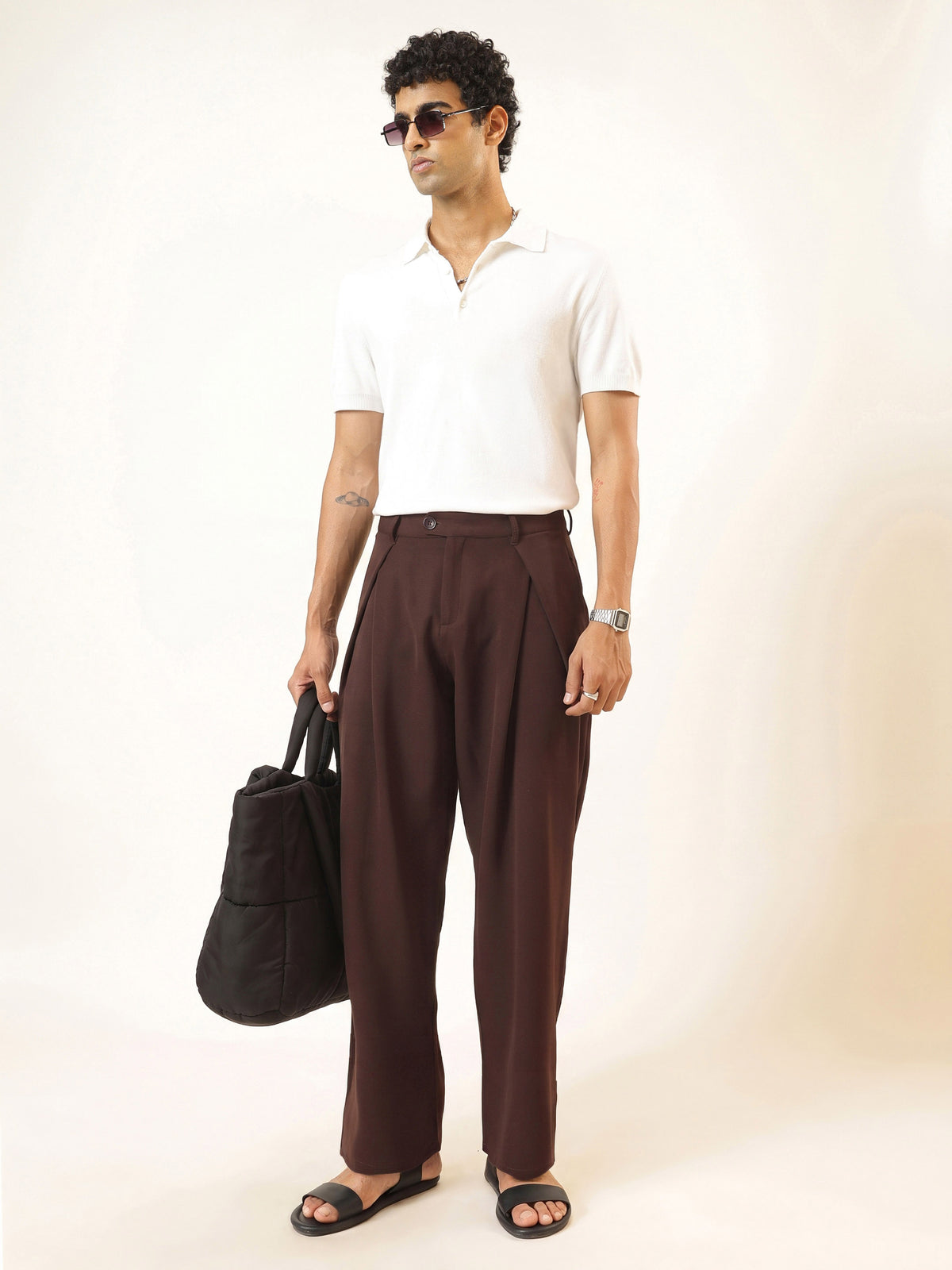 Dark Brown Front Pleat High Waist Korean Pants-MASCLN SASSAFRAS