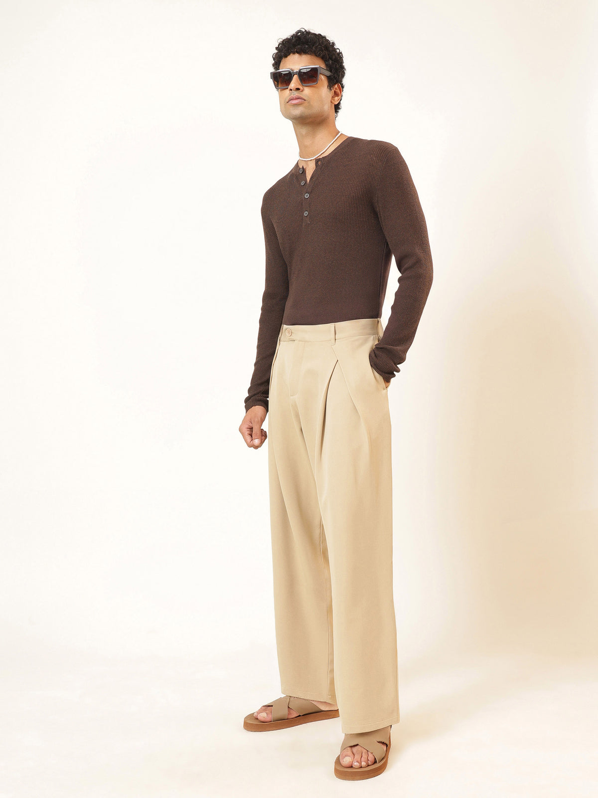 Beige Front Pleat High Waist Korean Pants-MASCLN SASSAFRAS