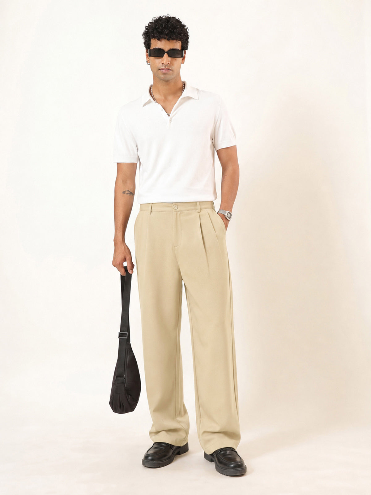 Beige Slant Pocket Double-Pleated Basic Korean Pants-MASCLN SASSAFRAS