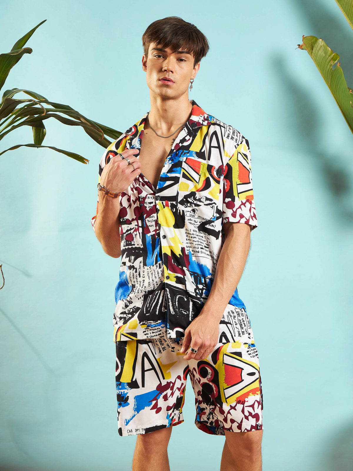 White Multi Colour Abstract Shirt With Shorts-MASCLN SASSAFRAS
