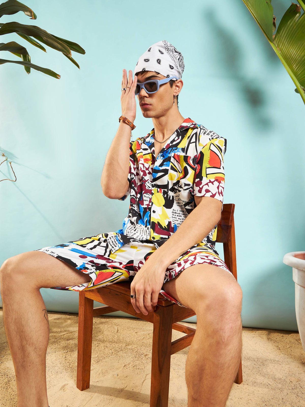 White Multi Colour Abstract Shirt With Shorts-MASCLN SASSAFRAS