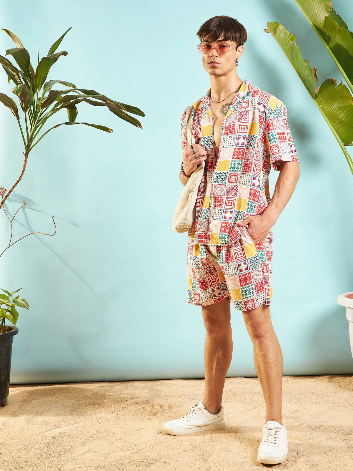 White & Red Conversational Shirt With Shorts-MASCLN SASSAFRAS