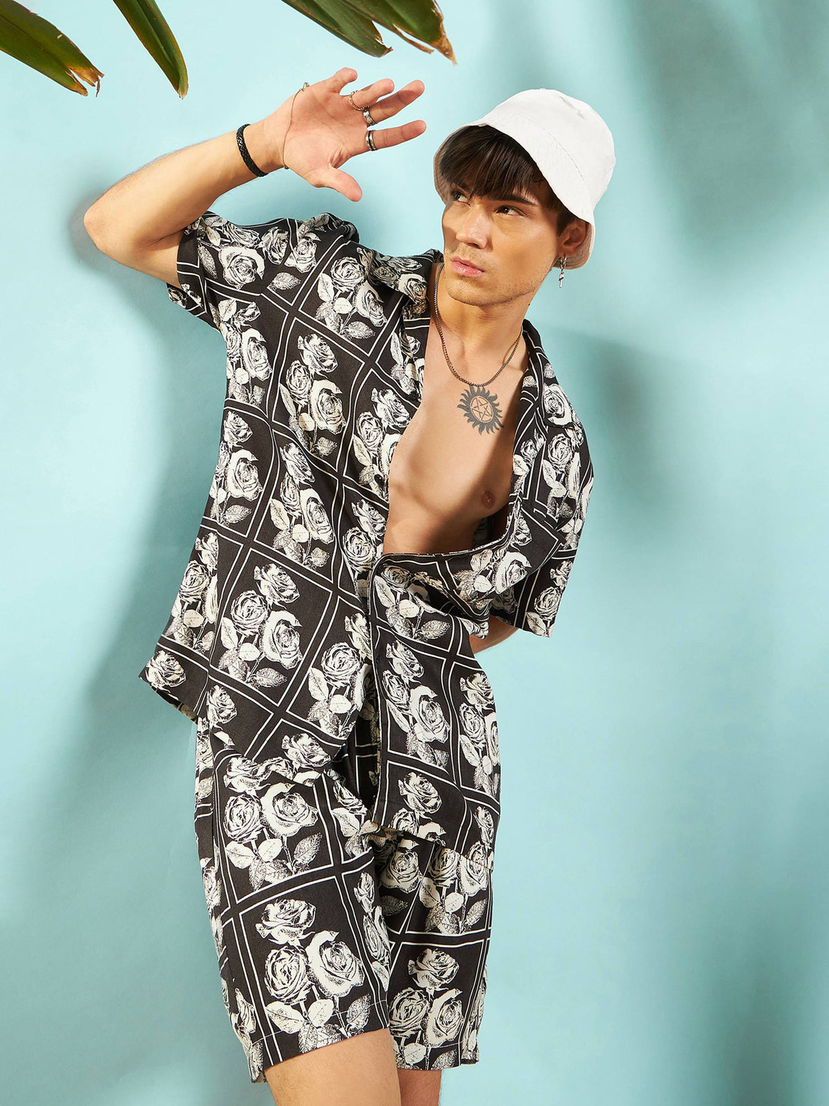 White & Black Floral Shirt With Shorts-MASCLN SASSAFRAS