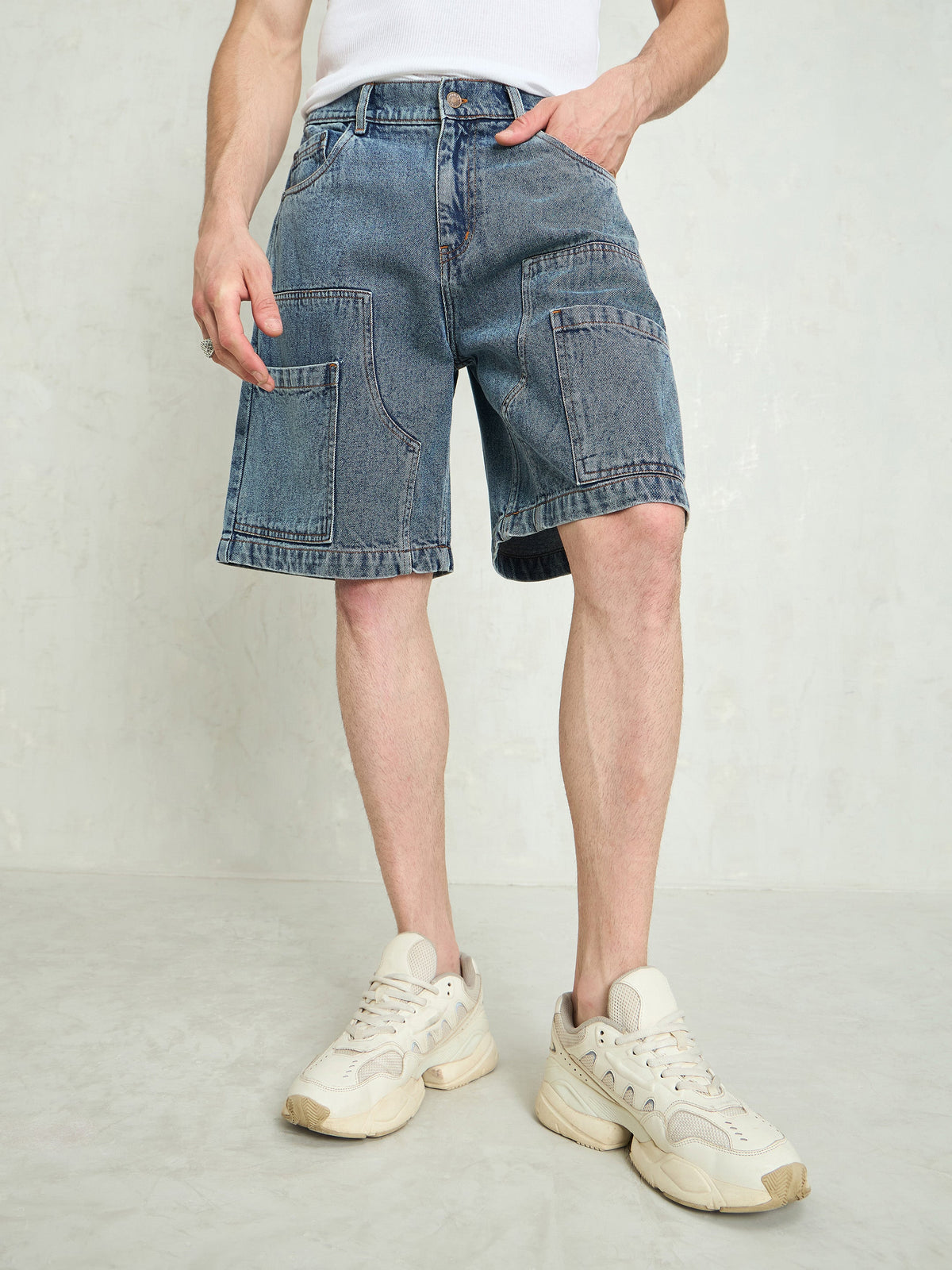 Blue Washed Denim Relax Fit Carpenter Shorts-MASCLN SASSAFRAS