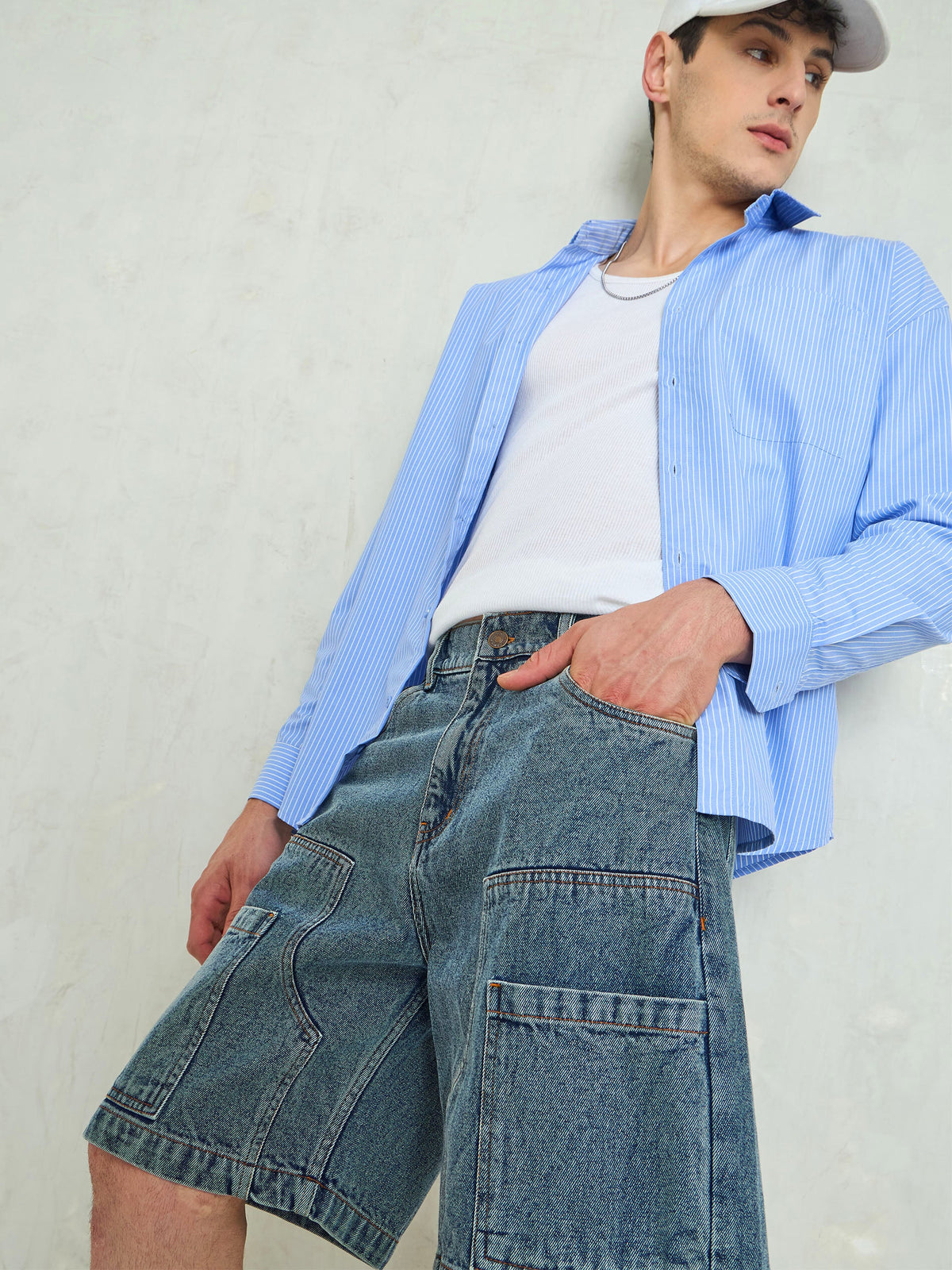 Blue Washed Denim Relax Fit Carpenter Shorts-MASCLN SASSAFRAS