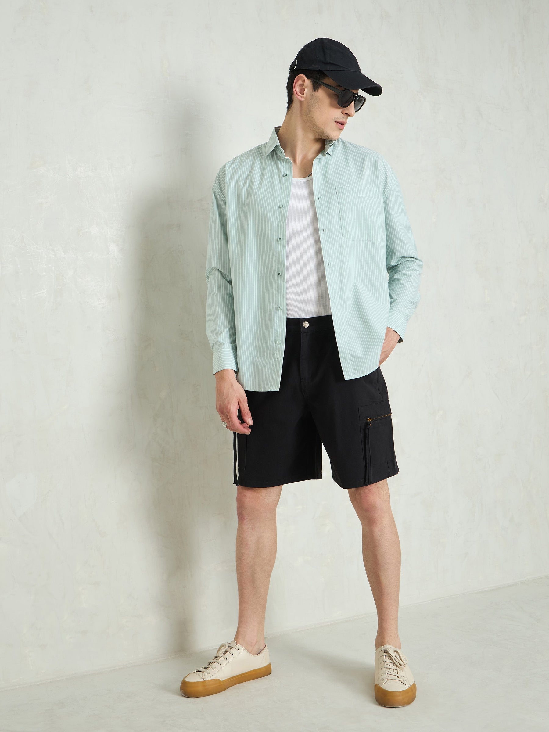 Black Denim Twill Zipper Pockets Shorts-MASCLN SASSAFRAS