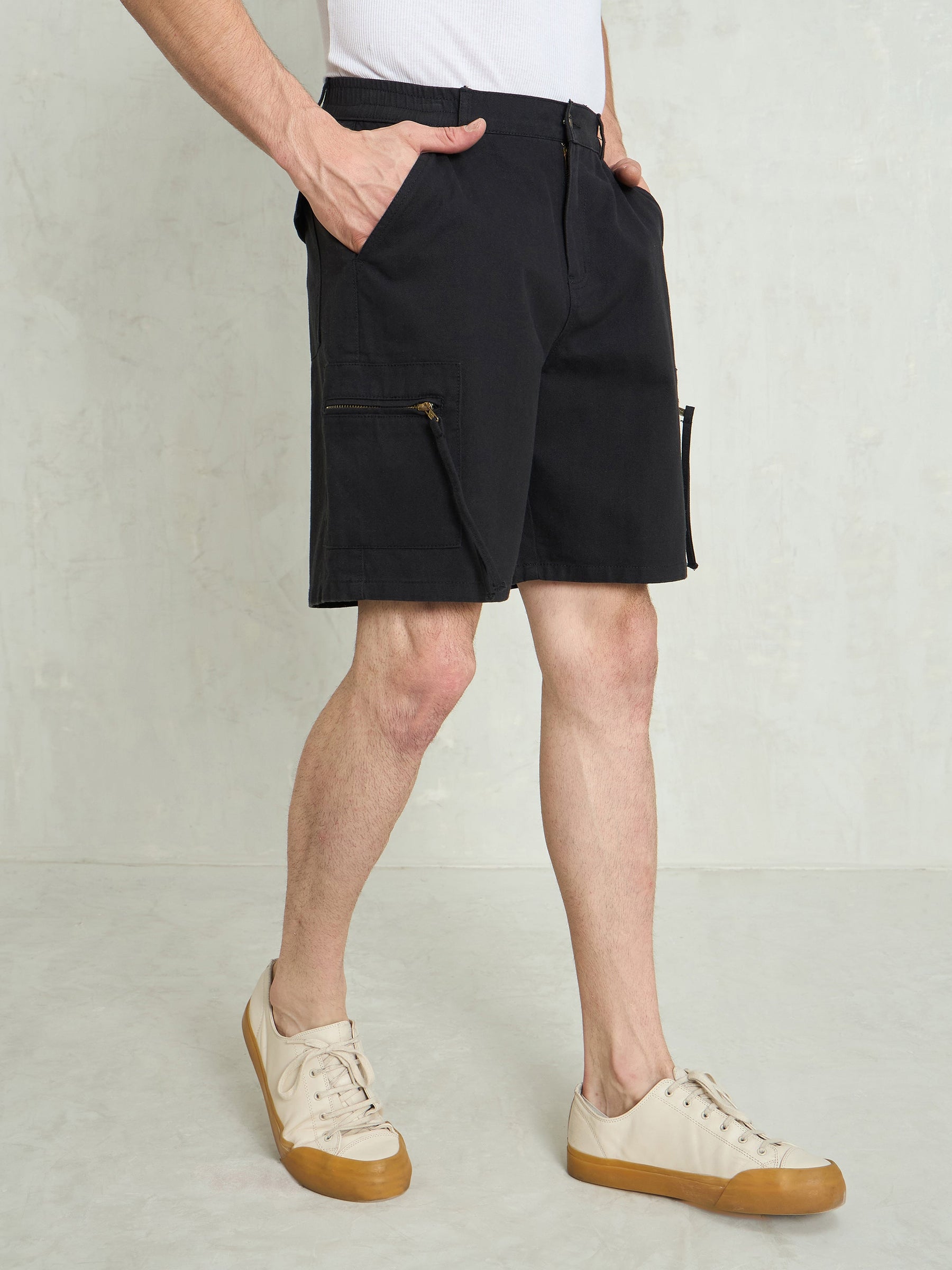 Black Denim Twill Zipper Pockets Shorts-MASCLN SASSAFRAS