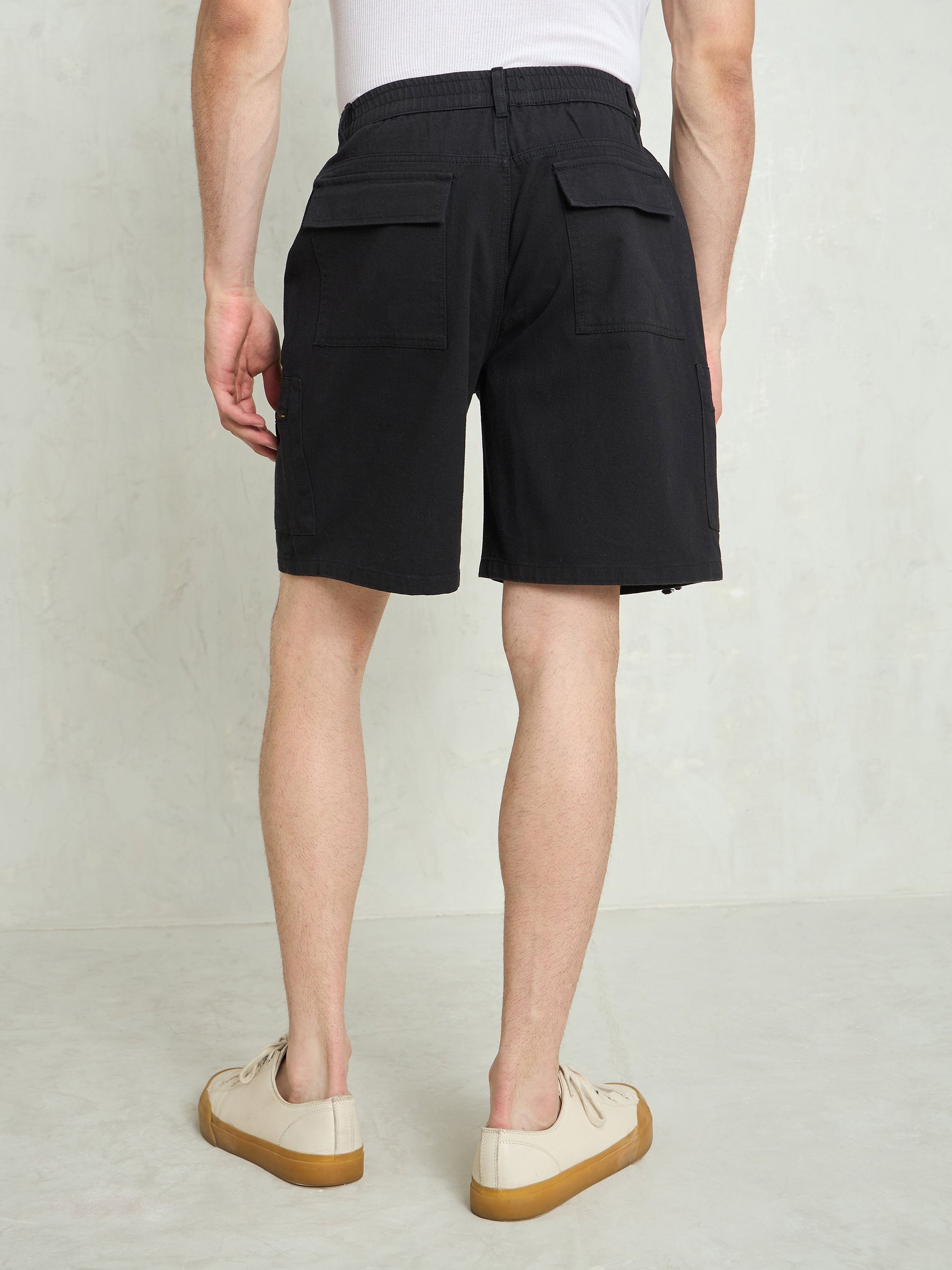 Black Denim Twill Zipper Pockets Shorts-MASCLN SASSAFRAS