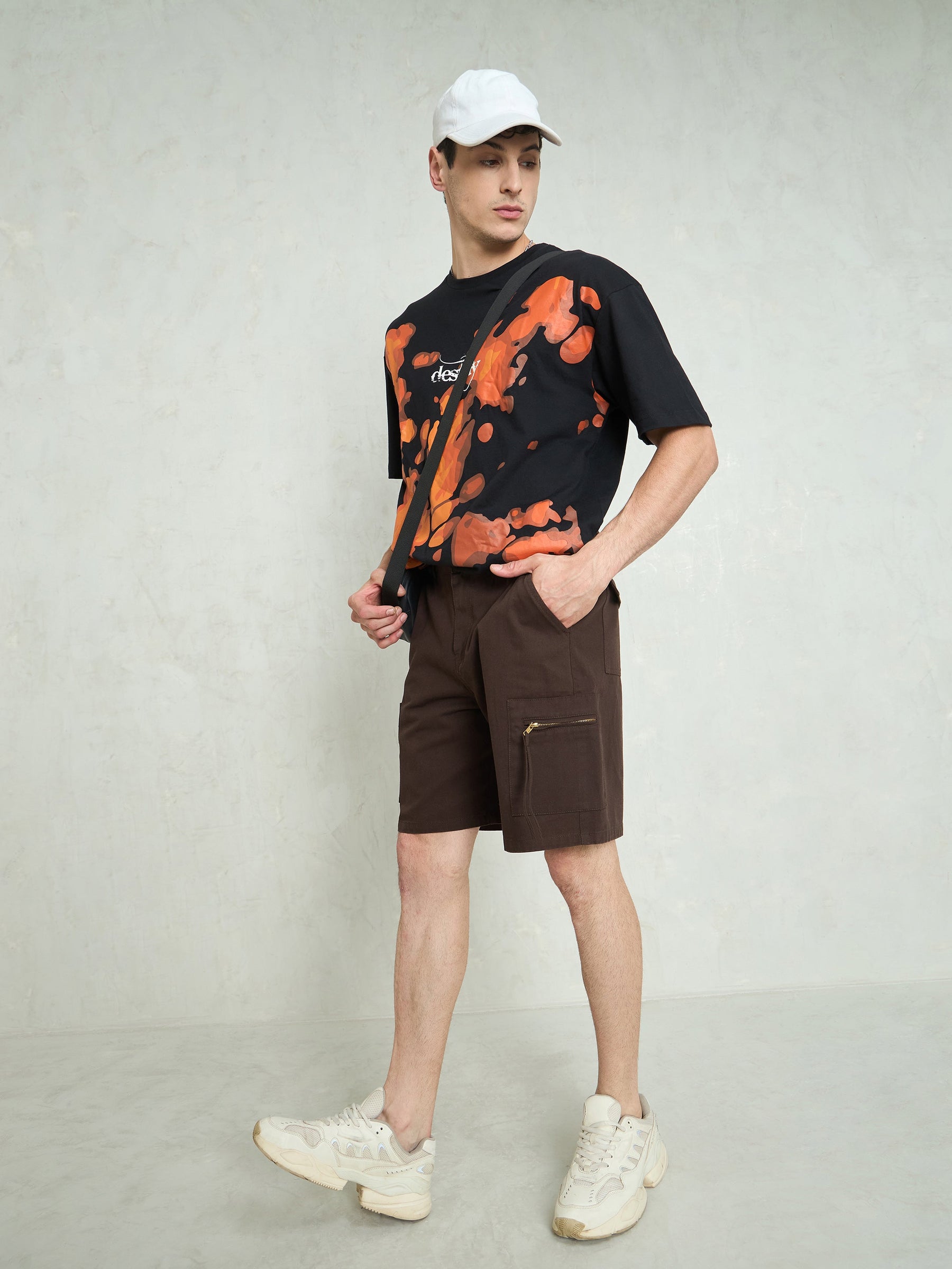 Brown Denim Twill Zipper Pockets Shorts-MASCLN SASSAFRAS