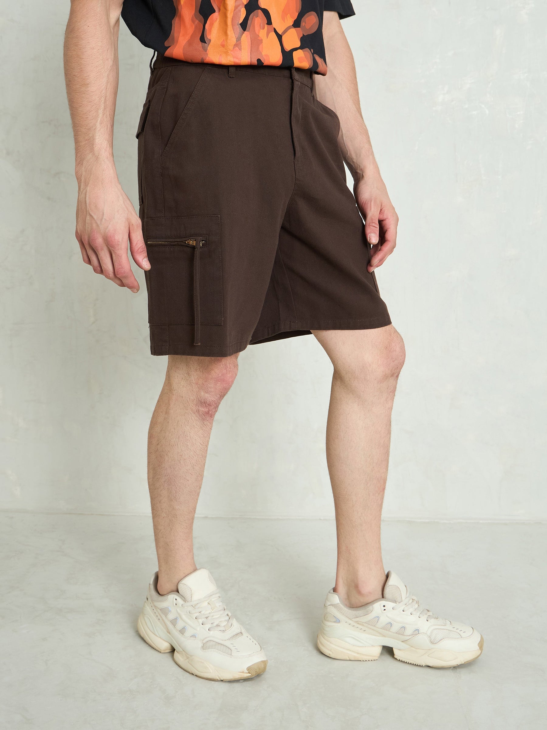 Brown Denim Twill Zipper Pockets Shorts-MASCLN SASSAFRAS