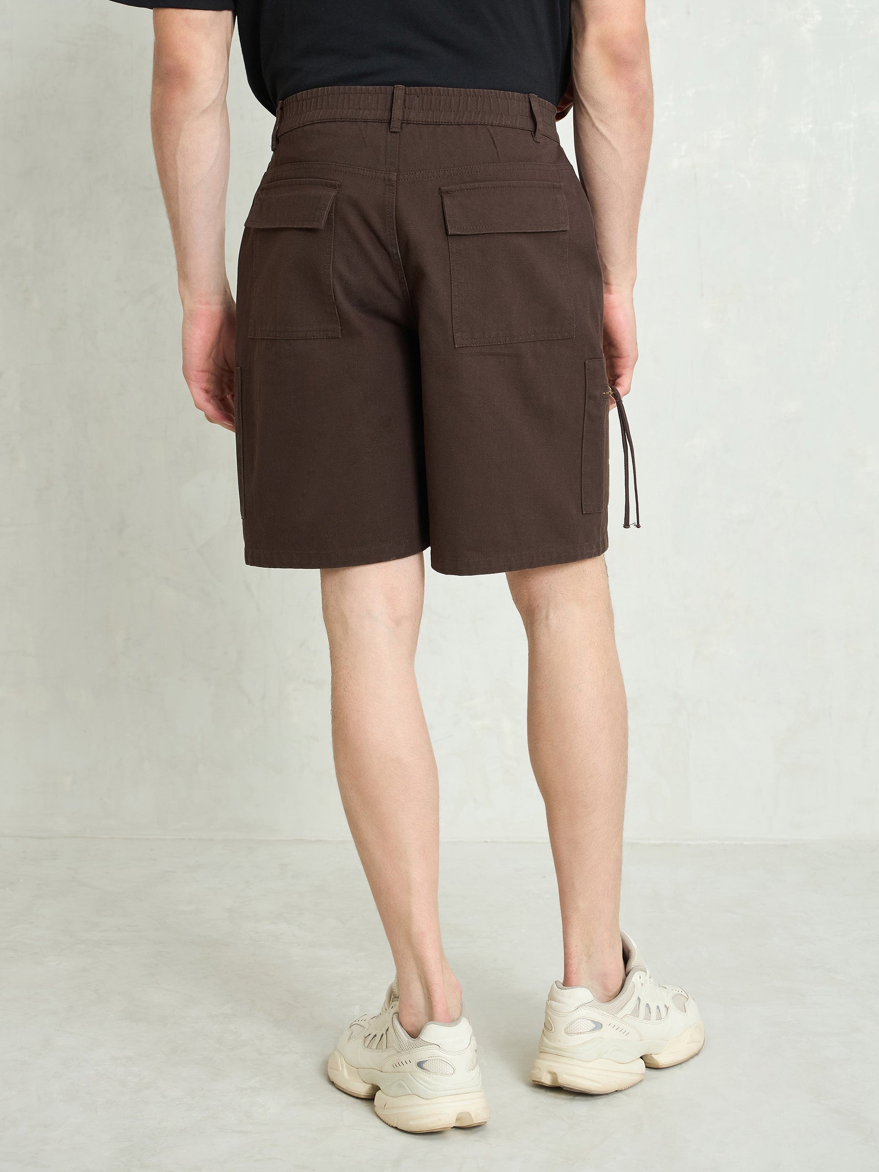 Brown Denim Twill Zipper Pockets Shorts-MASCLN SASSAFRAS