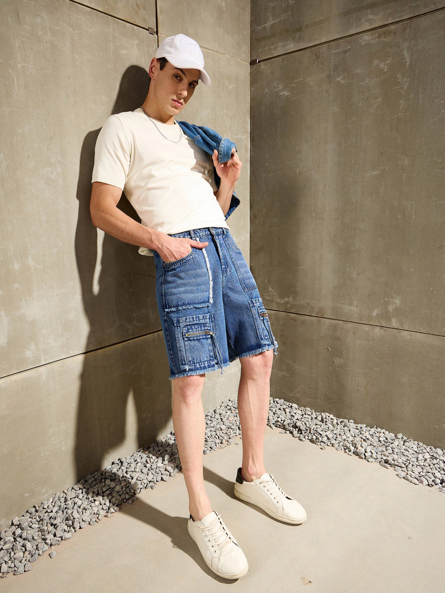 Blue Washed Denim Zipper Pocket Shorts-MASCLN SASSAFRAS