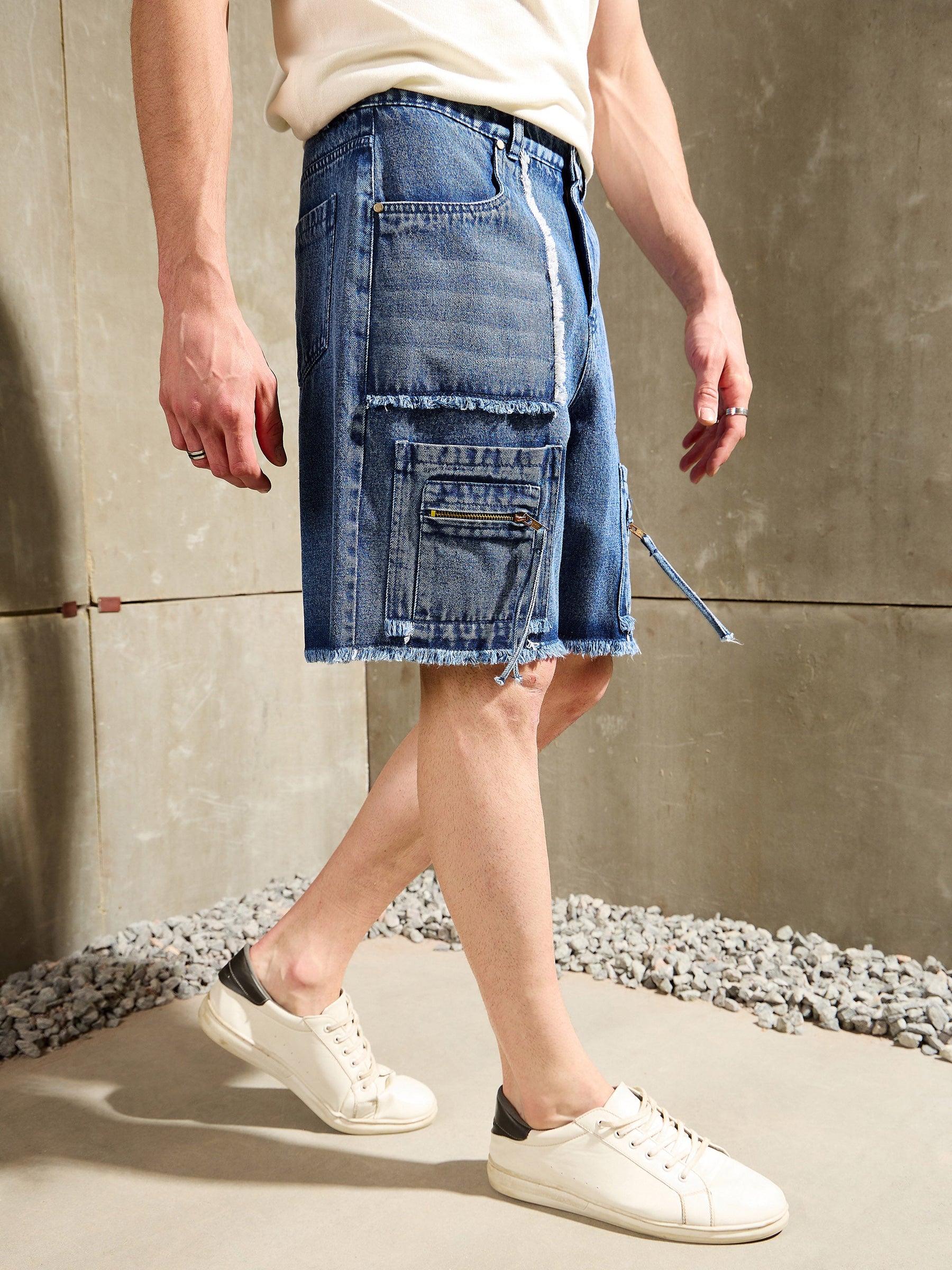 Blue Washed Denim Zipper Pocket Shorts-MASCLN SASSAFRAS