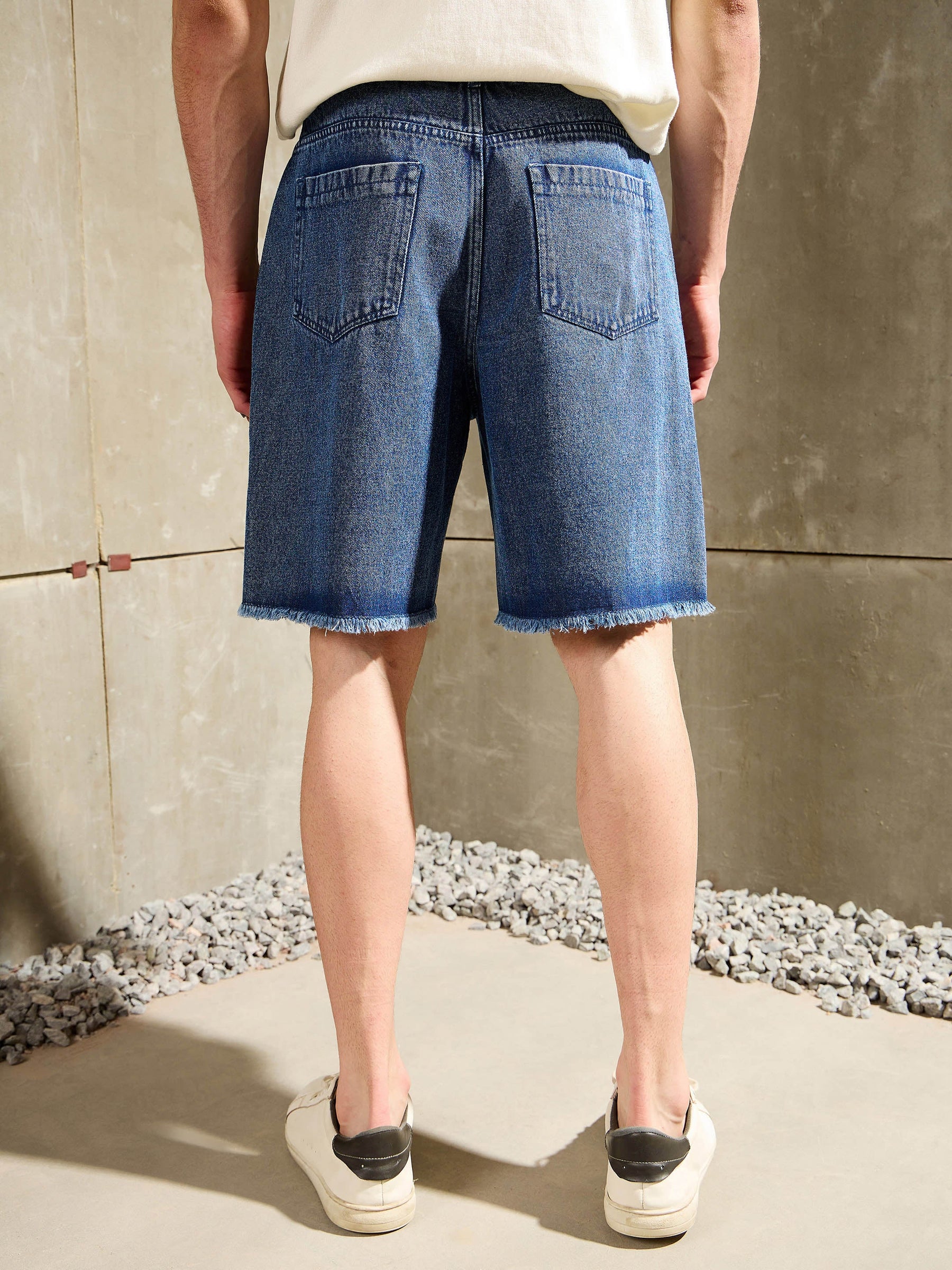 Blue Washed Denim Zipper Pocket Shorts-MASCLN SASSAFRAS