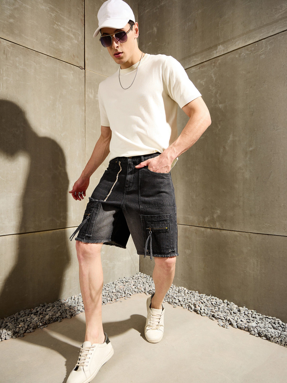 Black Washed Denim Zipper Pocket Shorts-MASCLN SASSAFRAS