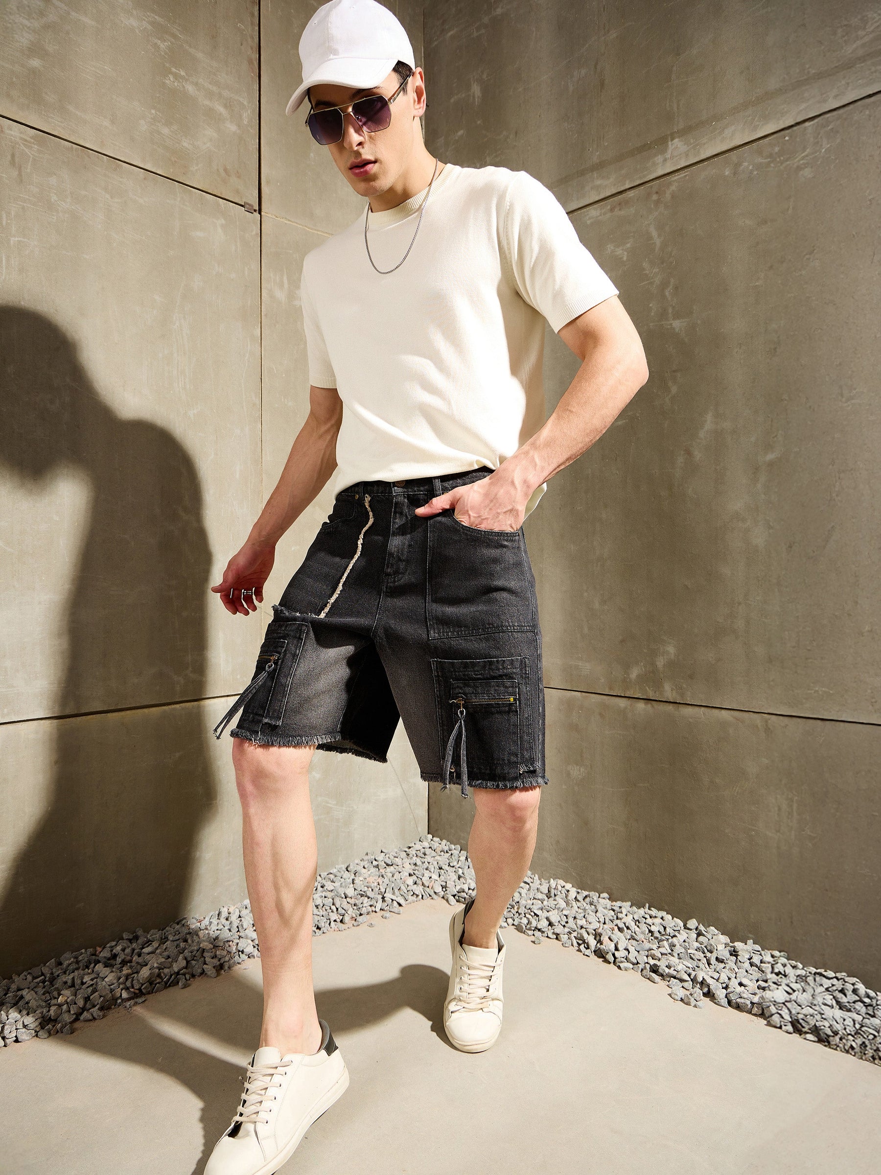 Black Washed Denim Zipper Pocket Shorts-MASCLN SASSAFRAS