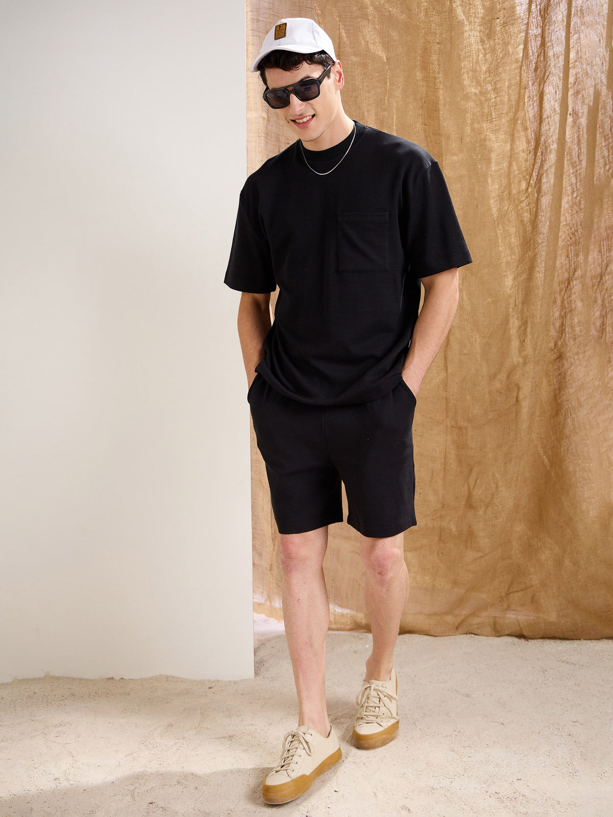 Black Waffle Relax Fit Shorts-MASCLN SASSAFRAS