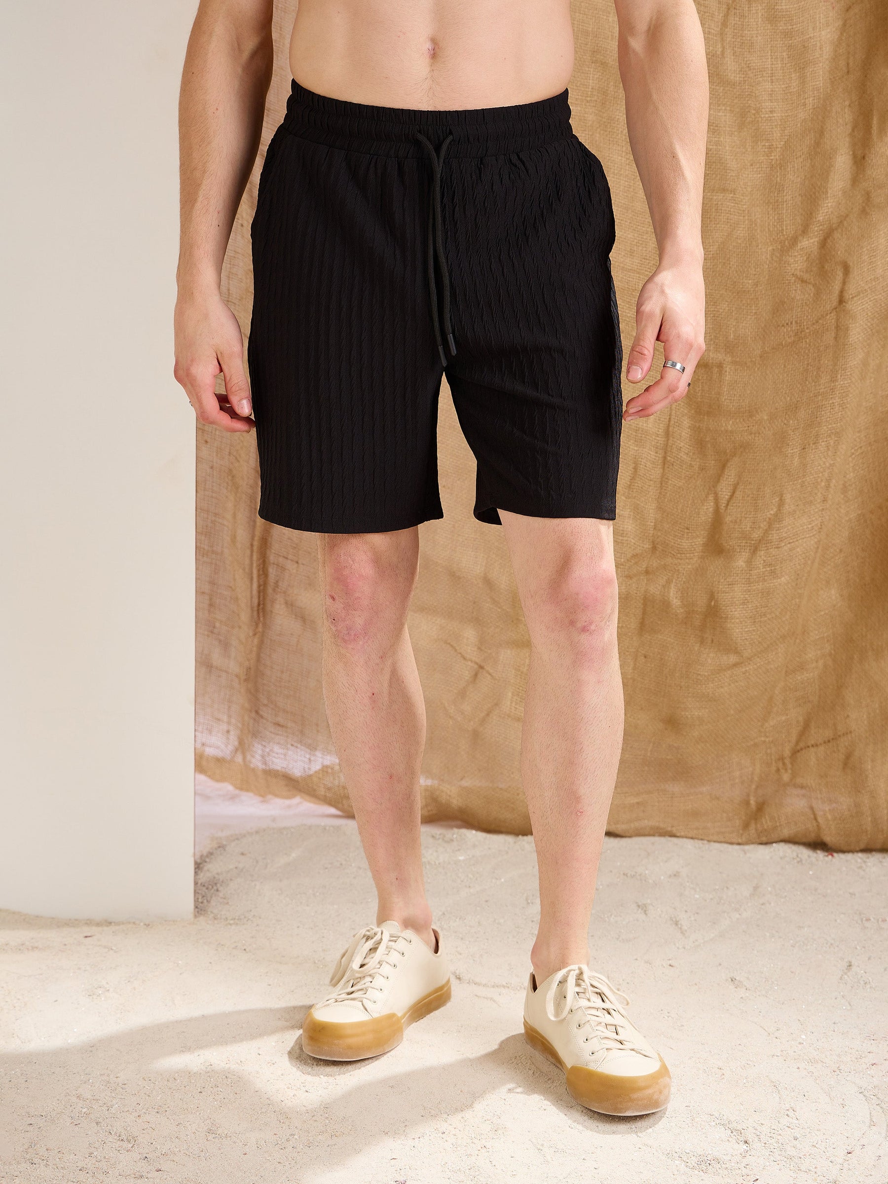 Black Textured Relax Fit Shorts-MASCLN SASSAFRAS