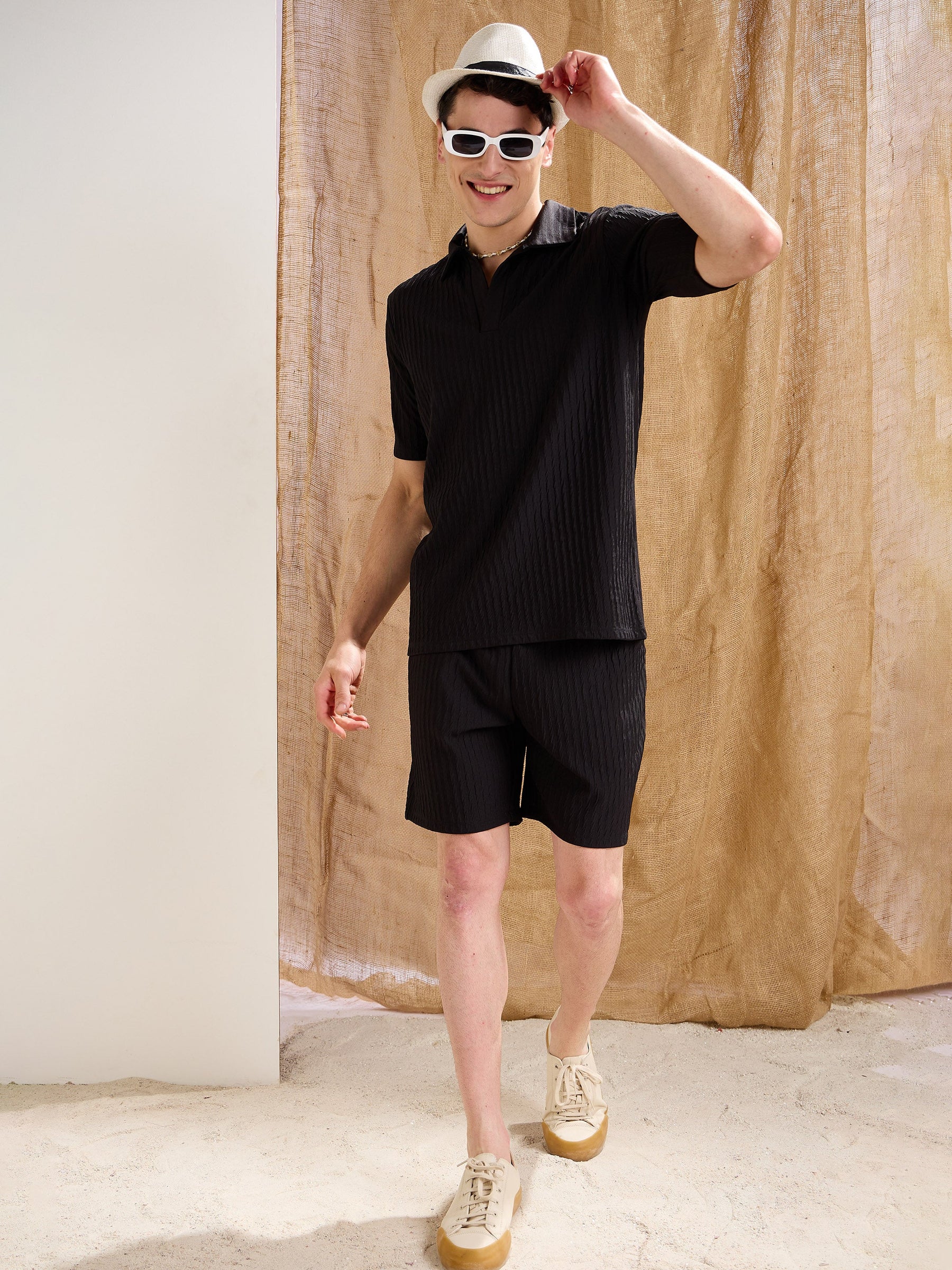 Black Textured Relax Fit Shorts-MASCLN SASSAFRAS