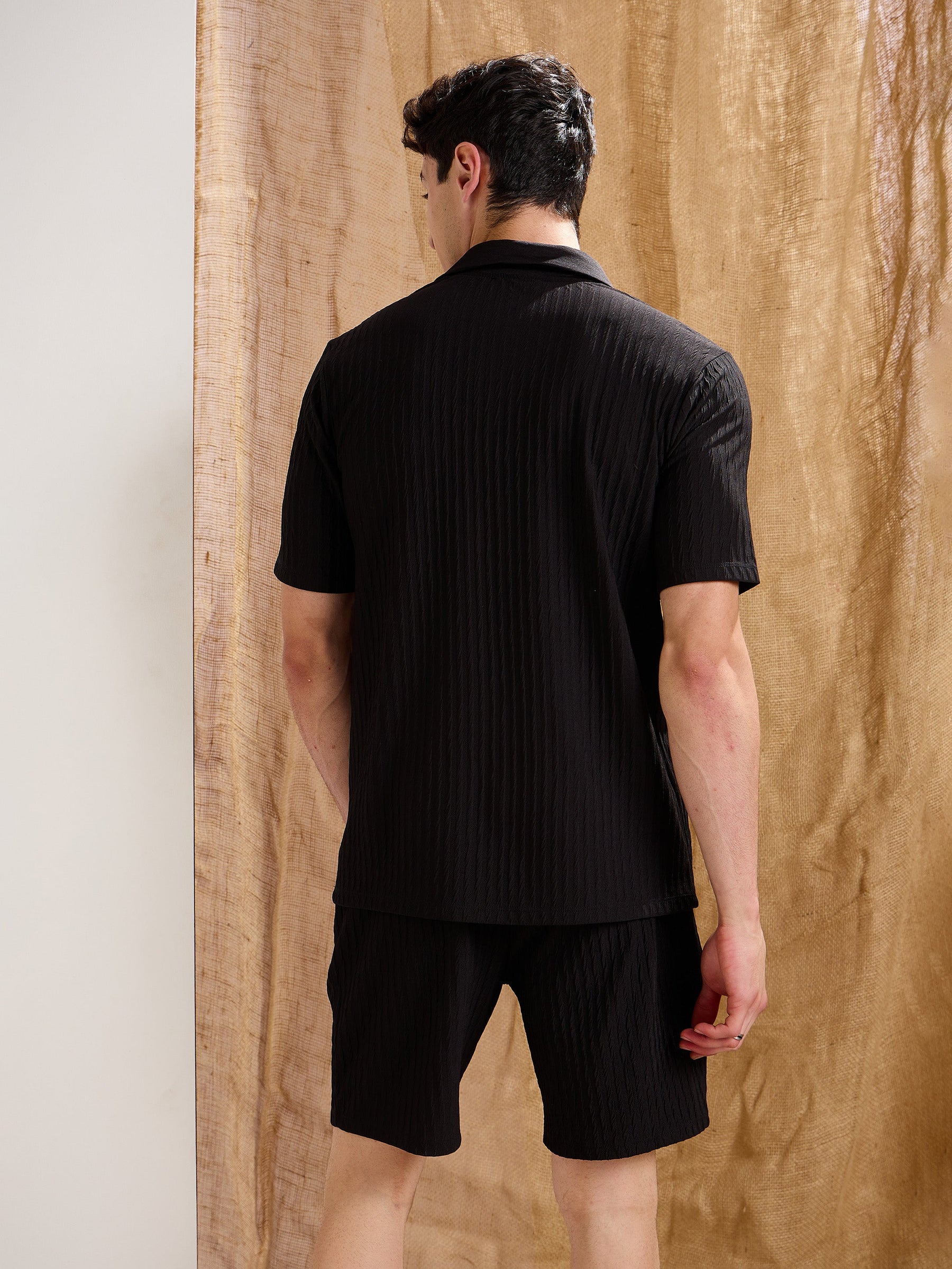 Black Textured Relax Fit Shorts-MASCLN SASSAFRAS