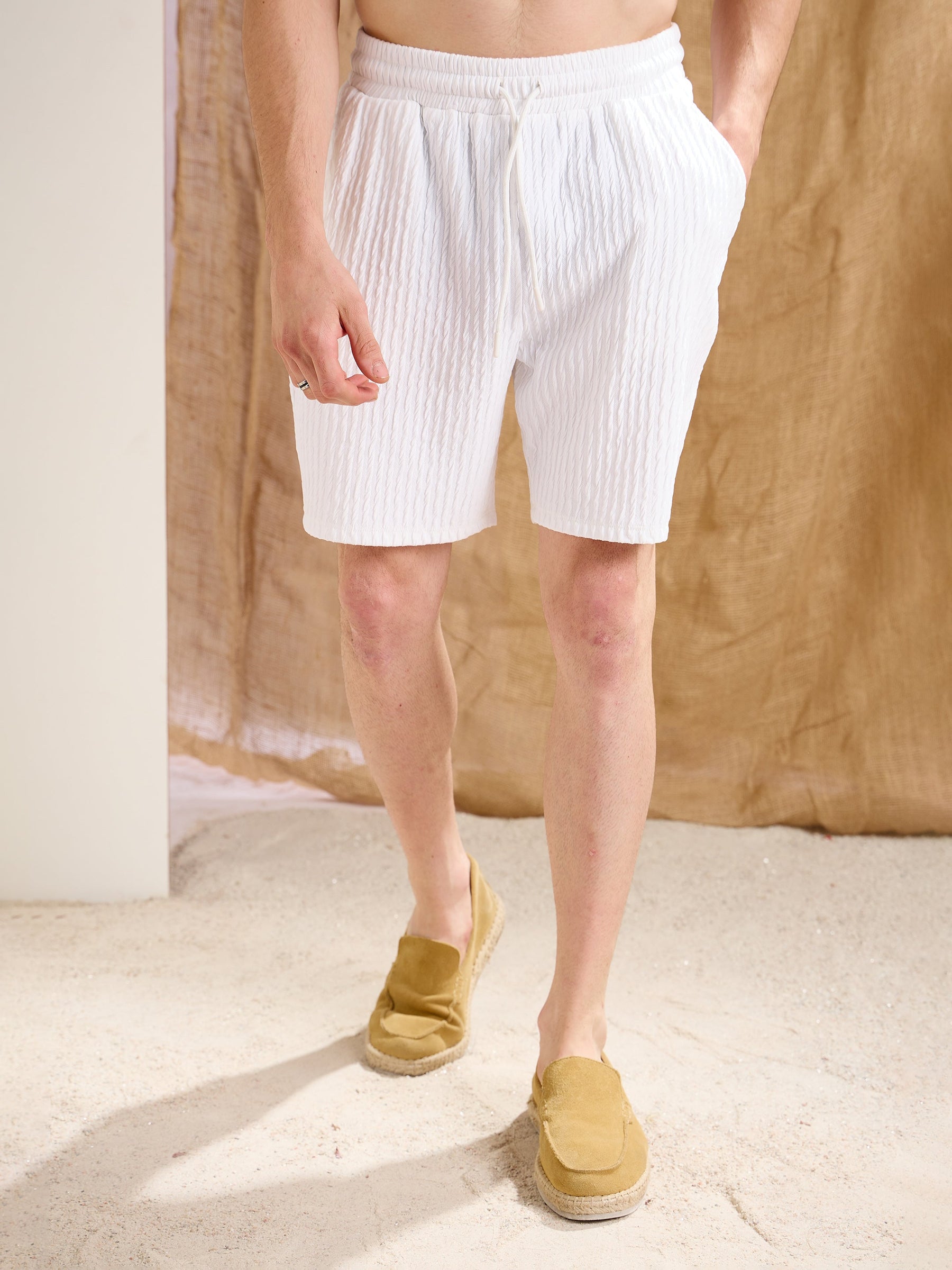 White Textured Relax Fit Shorts-MASCLN SASSAFRAS