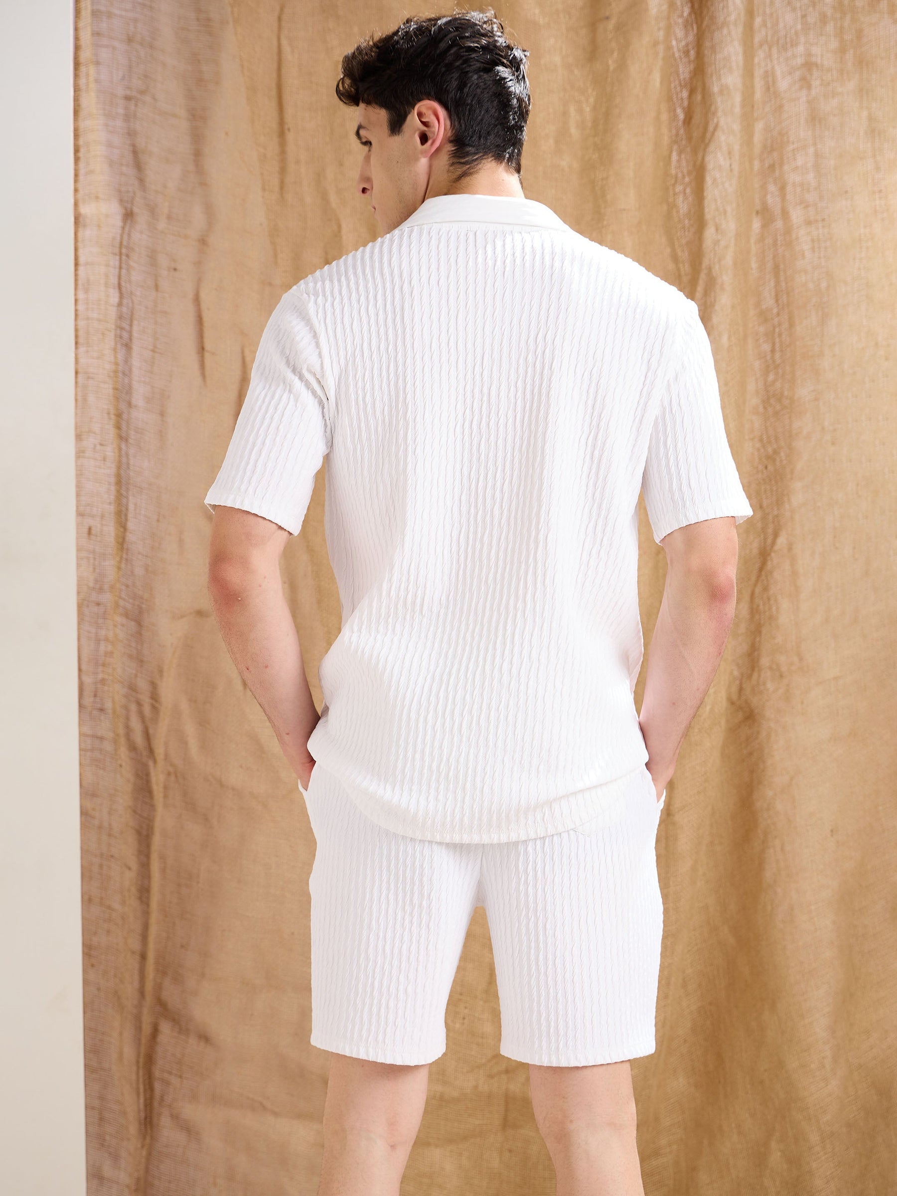 White Textured Relax Fit Shorts-MASCLN SASSAFRAS