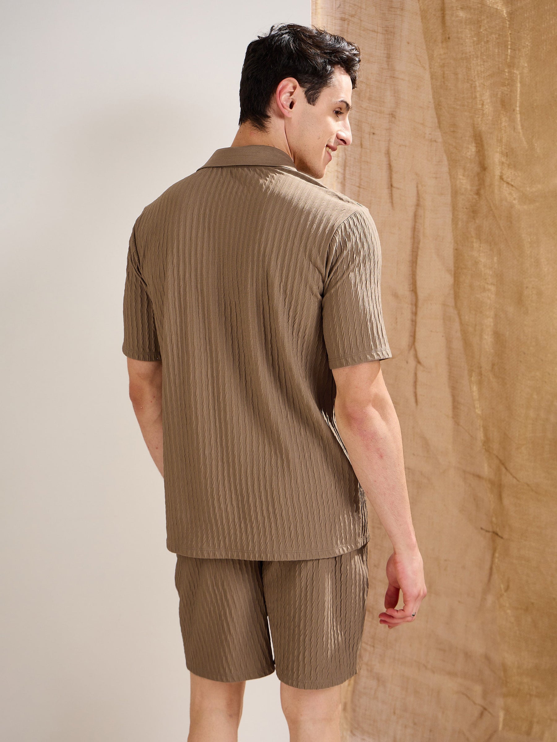 Beige Textured Relax Fit Shorts-MASCLN SASSAFRAS