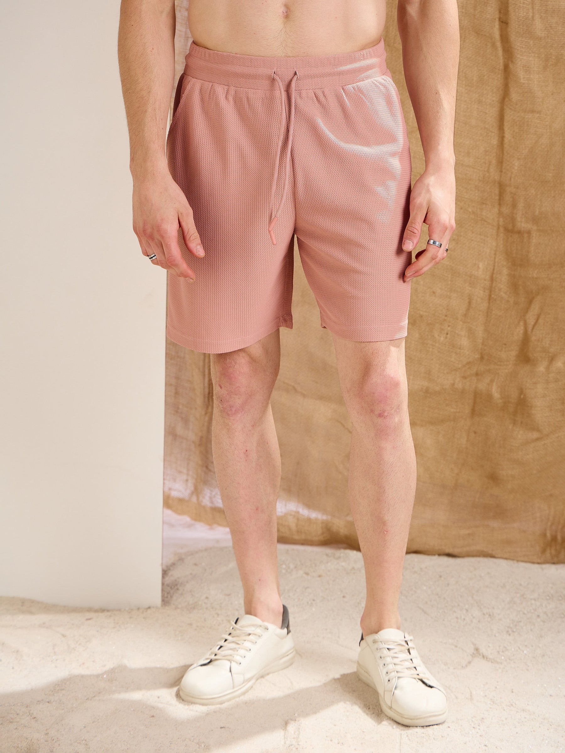Pink Waffle Straight Fit Shorts-MASCLN SASSAFRAS