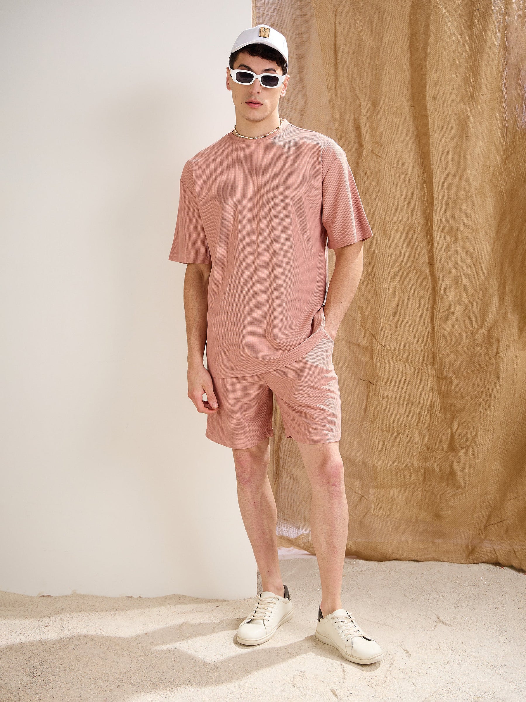 Pink Waffle Straight Fit Shorts-MASCLN SASSAFRAS